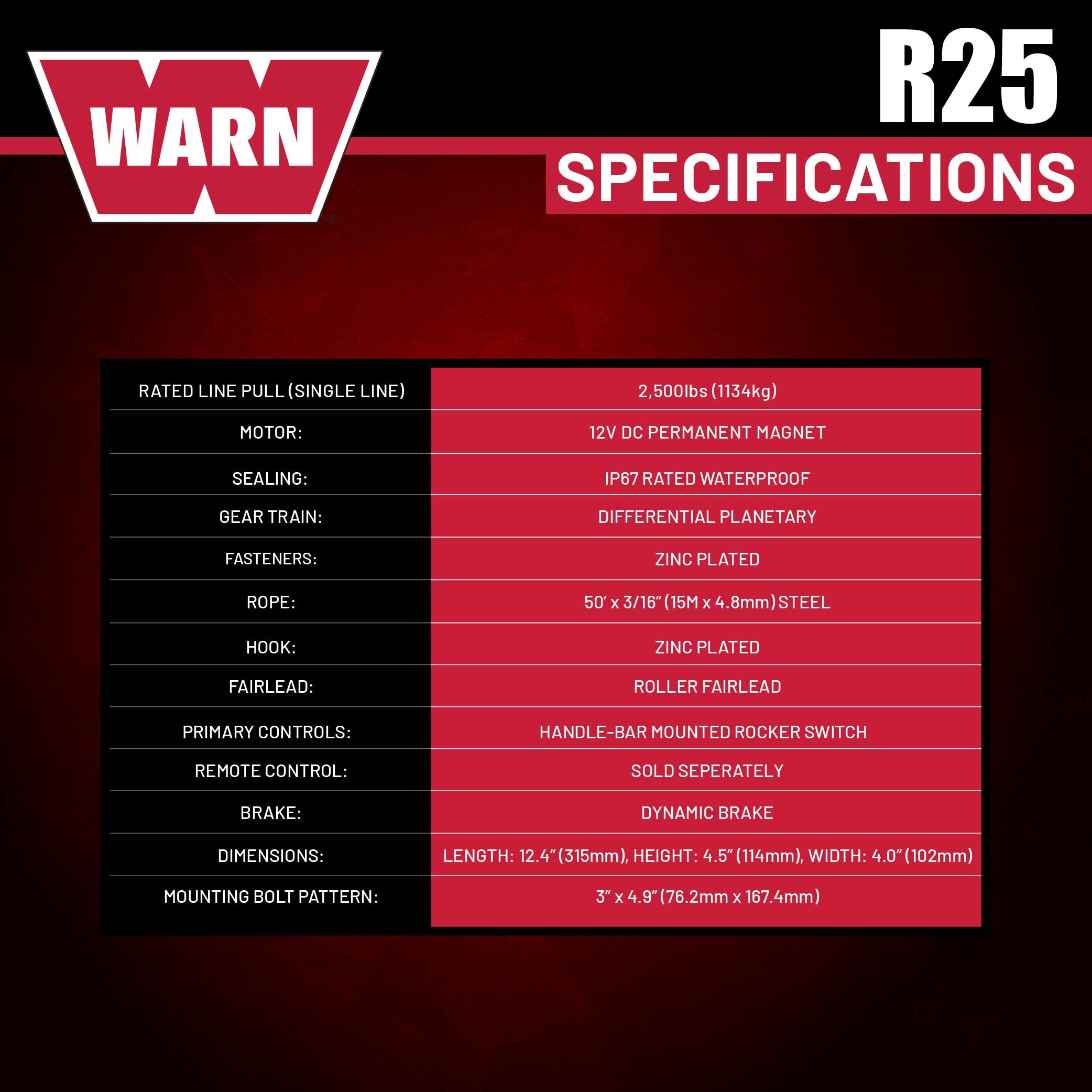 Warn R25 Drahtseilwinde, 1,1 kg Zugleistung, ausgestattet mit 1,5 m Stahlseil und fernmontiertem Wippschalter – Rollen-Fairlead für ATV, UTV, Side by Side, SXS Recovery & Abschleppen