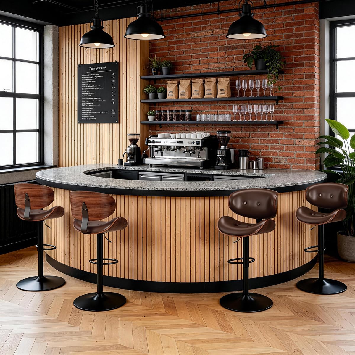 Adjustable Swivel Bar Stools Chair,Counter Height Bar Stools with Back,350 LBS PU Leather Bar Stool for Kitchen Island,Upholstered Pub Stools with Footrest (Brown, Set of 4)