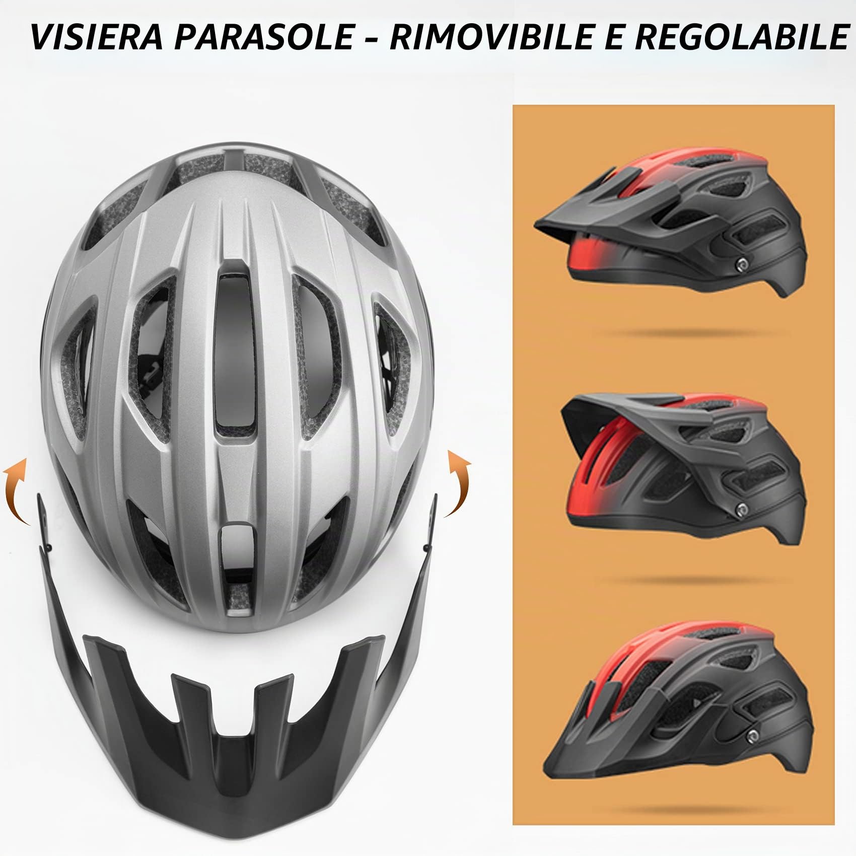ROCKBROS Casco Bici con Visiera Staccabile Uomo Donna, Casco da Ciclismo per MTB Bicicletta, Leggero Traspirante, Protezione Certificato CE, Taglia Regolabile M(55-58cm)/L(58-61cm)