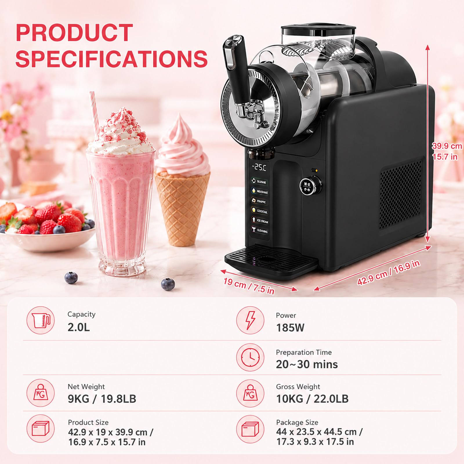Macchina per Granite 2L Grande capacità,Senza Bisogno di Ghiaccio,15 min RapidChill Tecnologia,5 Programmi,Autopulizia,per Slushie,Frappé,Milkshake,Cocktail,Facile da Pulire Black-NoHolder