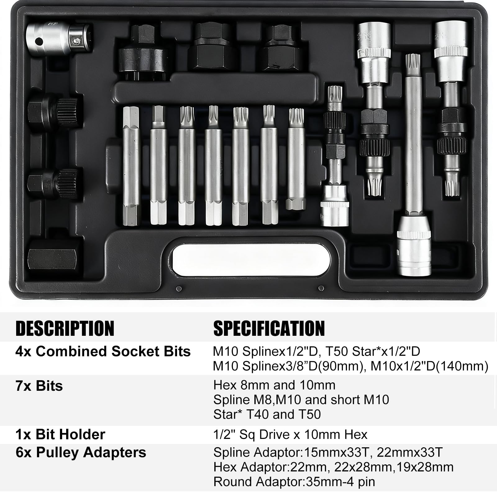FreeTec 18pzs Llave para Polea Alternador, 1/2" 3/8" Drive Extractor Polea Alternador, Herramientas para Quitar Cambio Poleas de Alternadores Generadores Vehículos para VW Audi Vag Fiat (Negro)