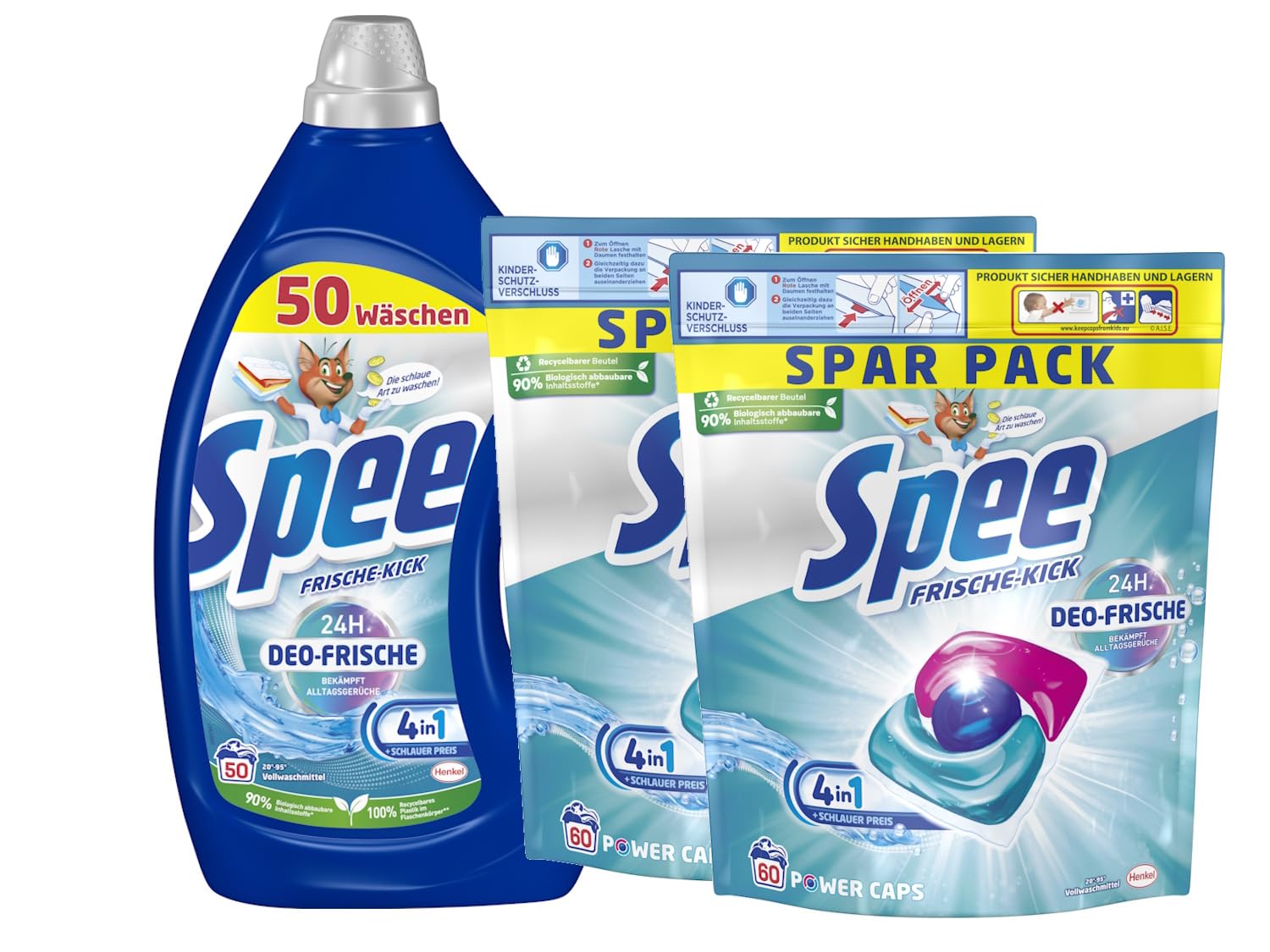 SPEE-Set Power Caps 2x 60 Waschladungen (120WL) Deo-Frische Frische-Kick & Gel 1x 50 Waschladungen Deo-Frische Frische-Kick, Waschmittel mit 4 + 1 Formel bekämpft Alltagsgerüche