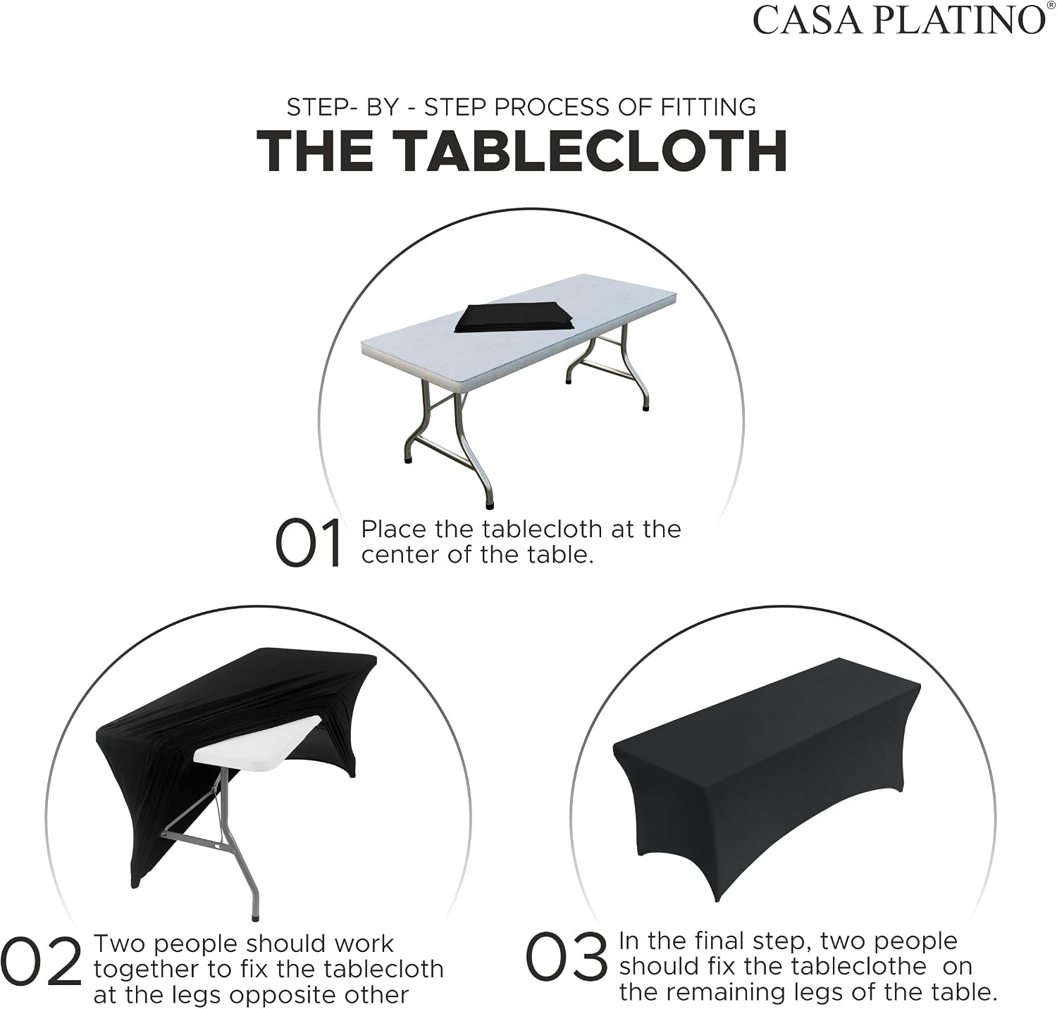 Casa Platino 2 PK Spandex Tight Fitted 6FT Tablecloths, Stretchable Fitted Patio Table Cover, Pre Shrunk Washable & Wrinkle Resistant - Black 72inch Long x 30 inch Wide x 30 inch deep