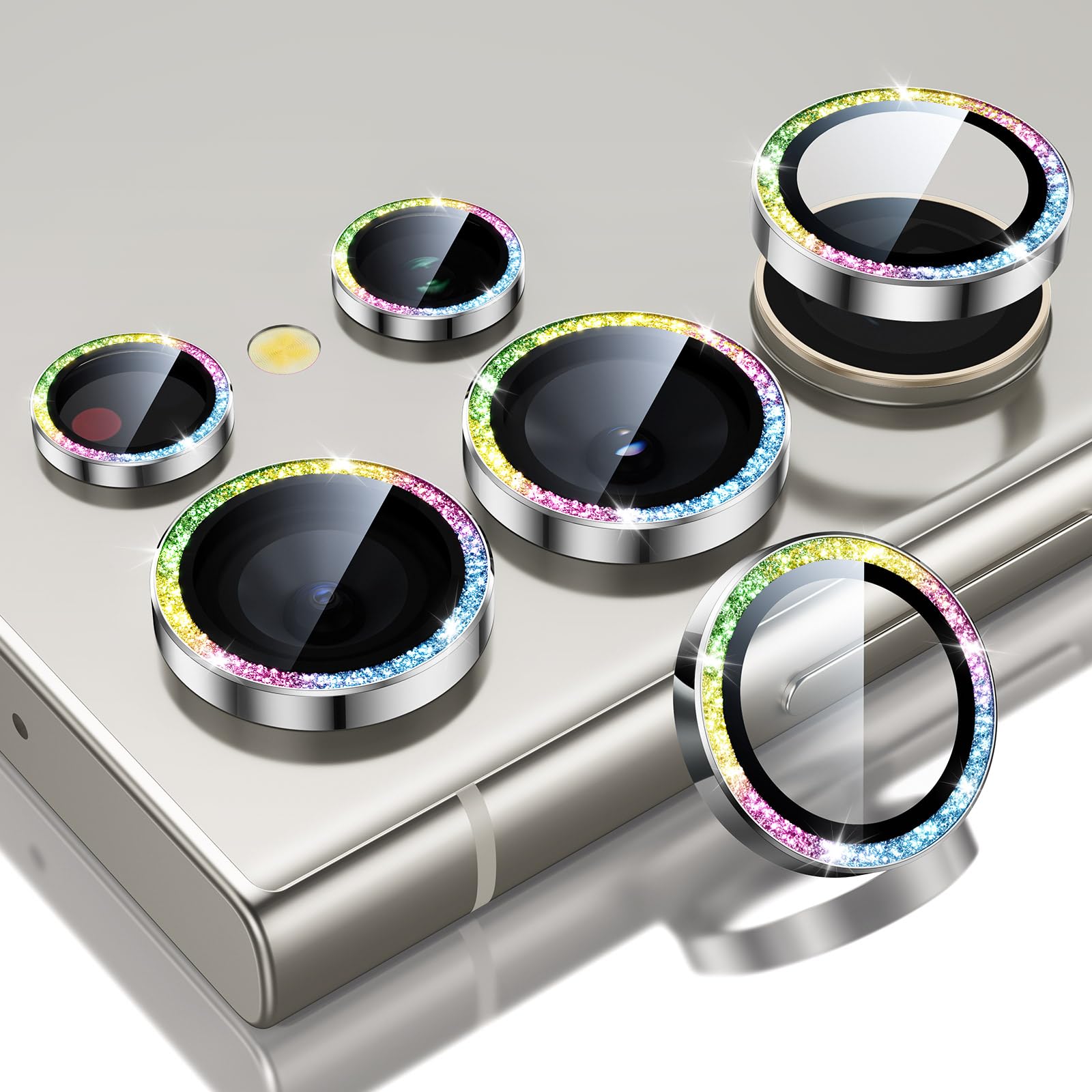 ESR für Samsung Galaxy S24 Ultra Kameraschutz, individuelle Linsenschutzfolien, kratzfestes, ultradünnes gehärtetes Glas mit Aluminiumkante, Galaxy S24 Ultra Hüllenfreundlich, 1 Set, Glitzerrosa