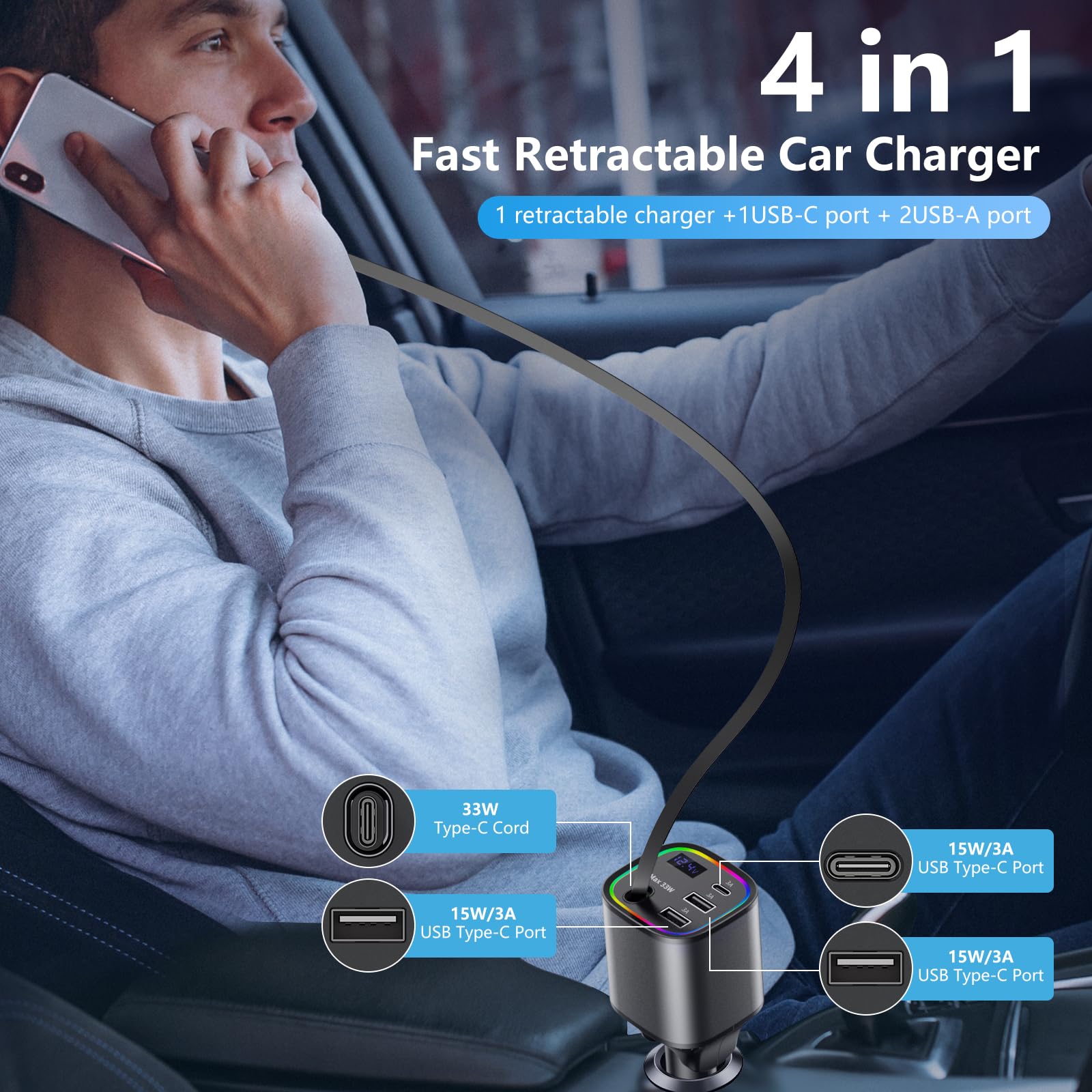 Retractable Car Charger, 4 in 1 Fast Car Charger 78W, with Type C, 2 USB-A Ports and 1 USB-C Port for Fast Charging, Compatible with iPhone 16/15/14/13/12/11, Galaxy, Pixel (Grey)
