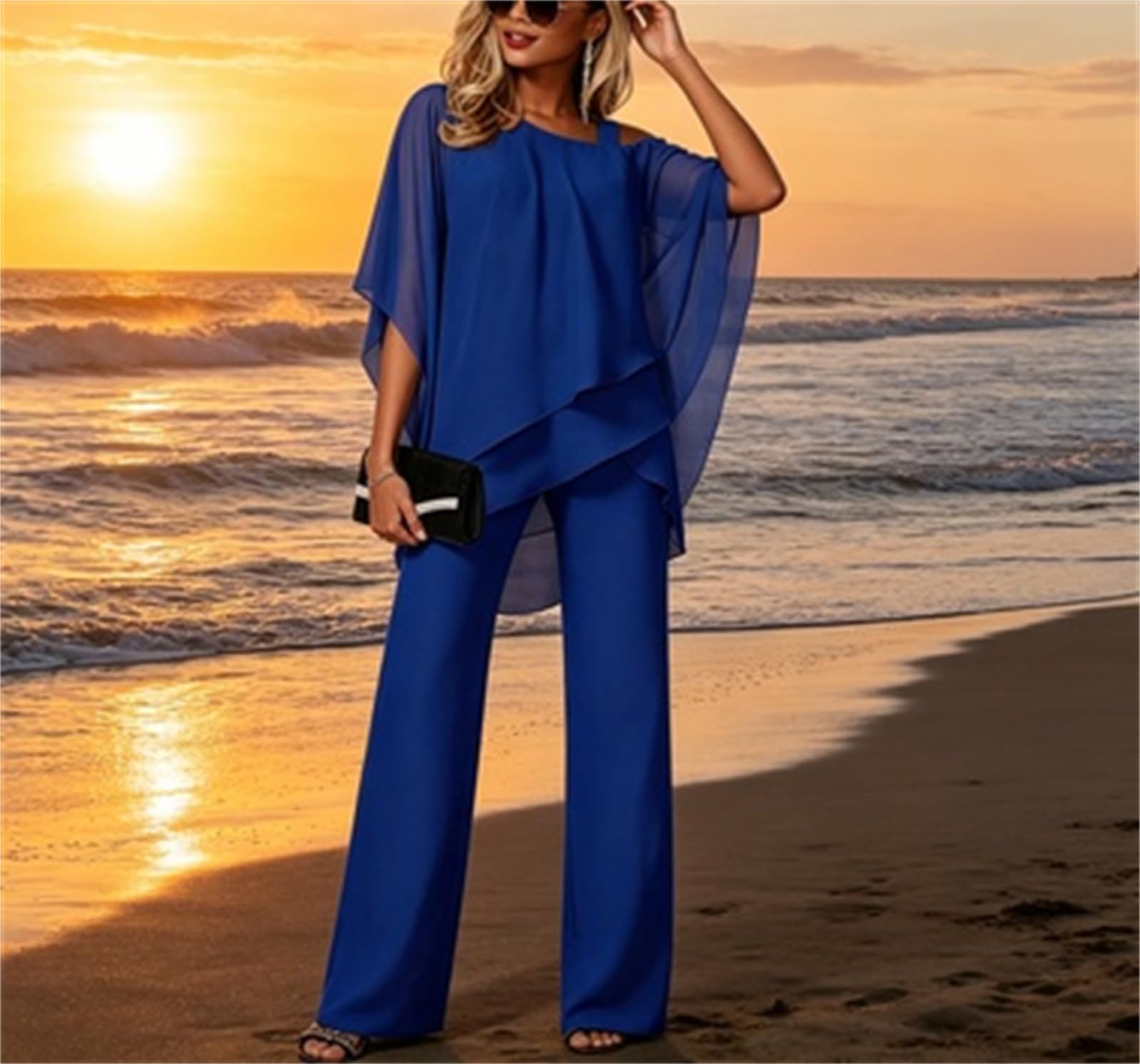 Generisch Elegantes Set aus Chiffon-Lagen-Top & Hose mit weitem Bein – Zweiteiliges Damen-Outfit mit asymmetrischem Oberteil und High-Waist-Hose für festliche Anlässe