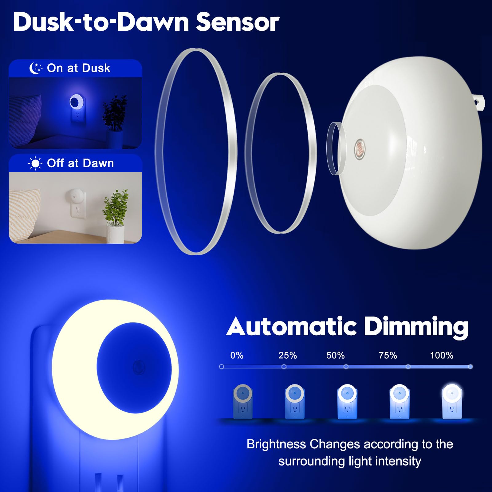 fesnne Luz de noche, enchufe de pared, sensor de crepúsculo, luz nocturna LED azul, 0,5 W, 2 luces nocturnas para adultos, dormitorio, baño, pasillo, cocina