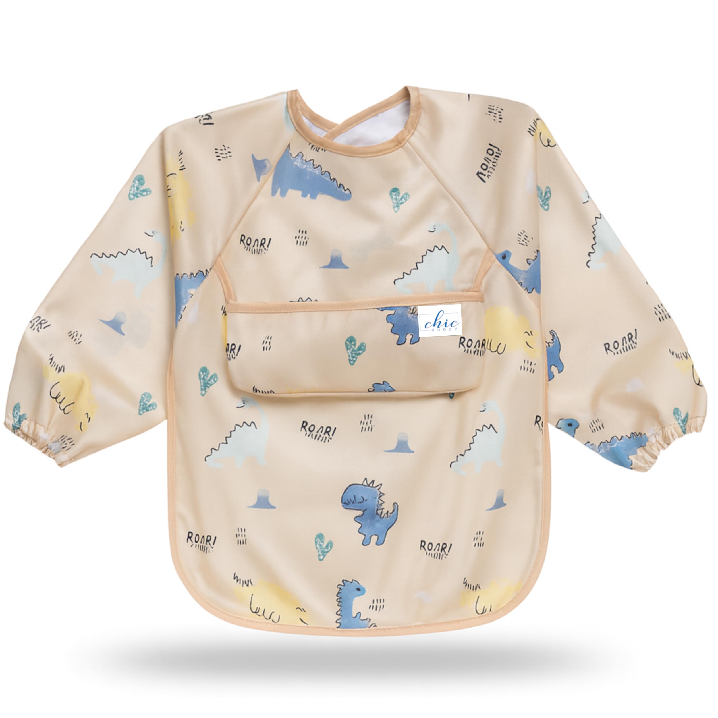 Chic Buddy Baby Long Sleeve Bib, Toddler Children's Leak-Free Bib with Sleeves, Washable/Lightweight/Wipeable (6-24 Months) waterproof Apron Shirt with Pocket (Wander)