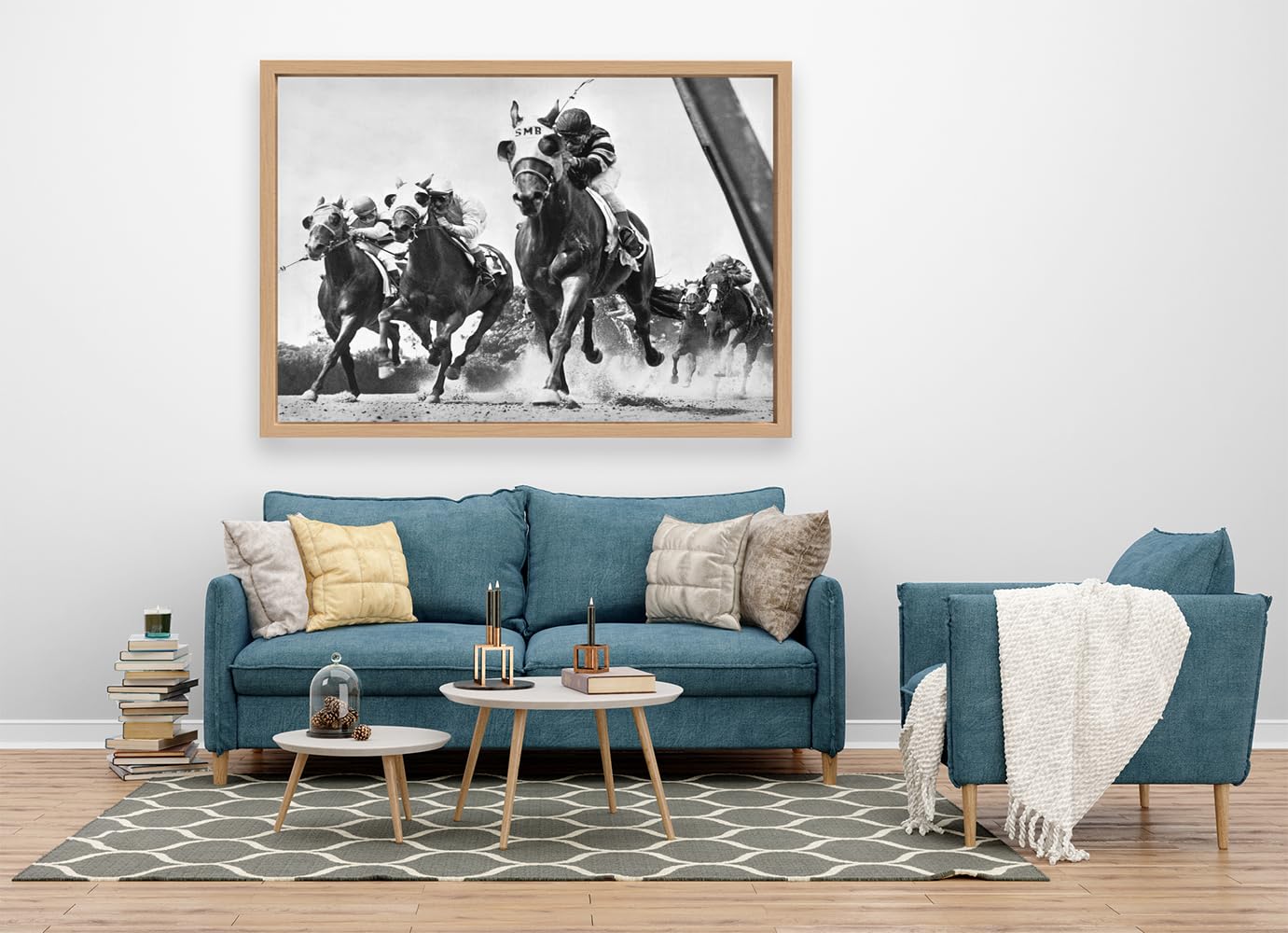VERRE ART Printed Framed Canvas Painting for Home Decor Office Wall Studio Wall Living Room Decoration (60x45inch Wooden Floater) - Horse Racing At Belmont Park