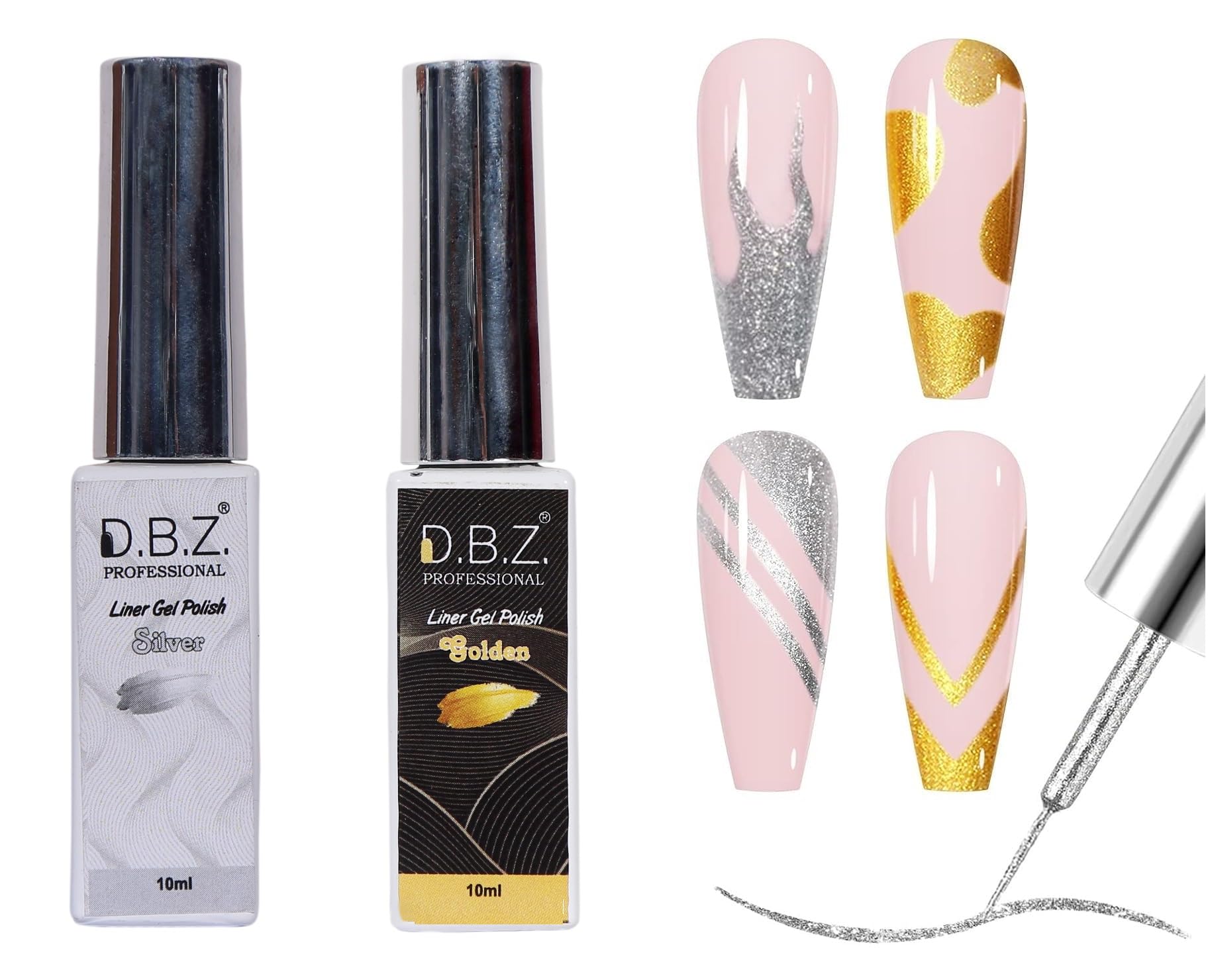 D.B.Z.® Nail Art Liner Gel Polish Set, 2 Pcs Silver & Gold Painting Soak Off Gel Nail Varnish Gel Nail Polish Collection Drawing UV Liner Gel Polish for Home DIY Nail Salon-image-36