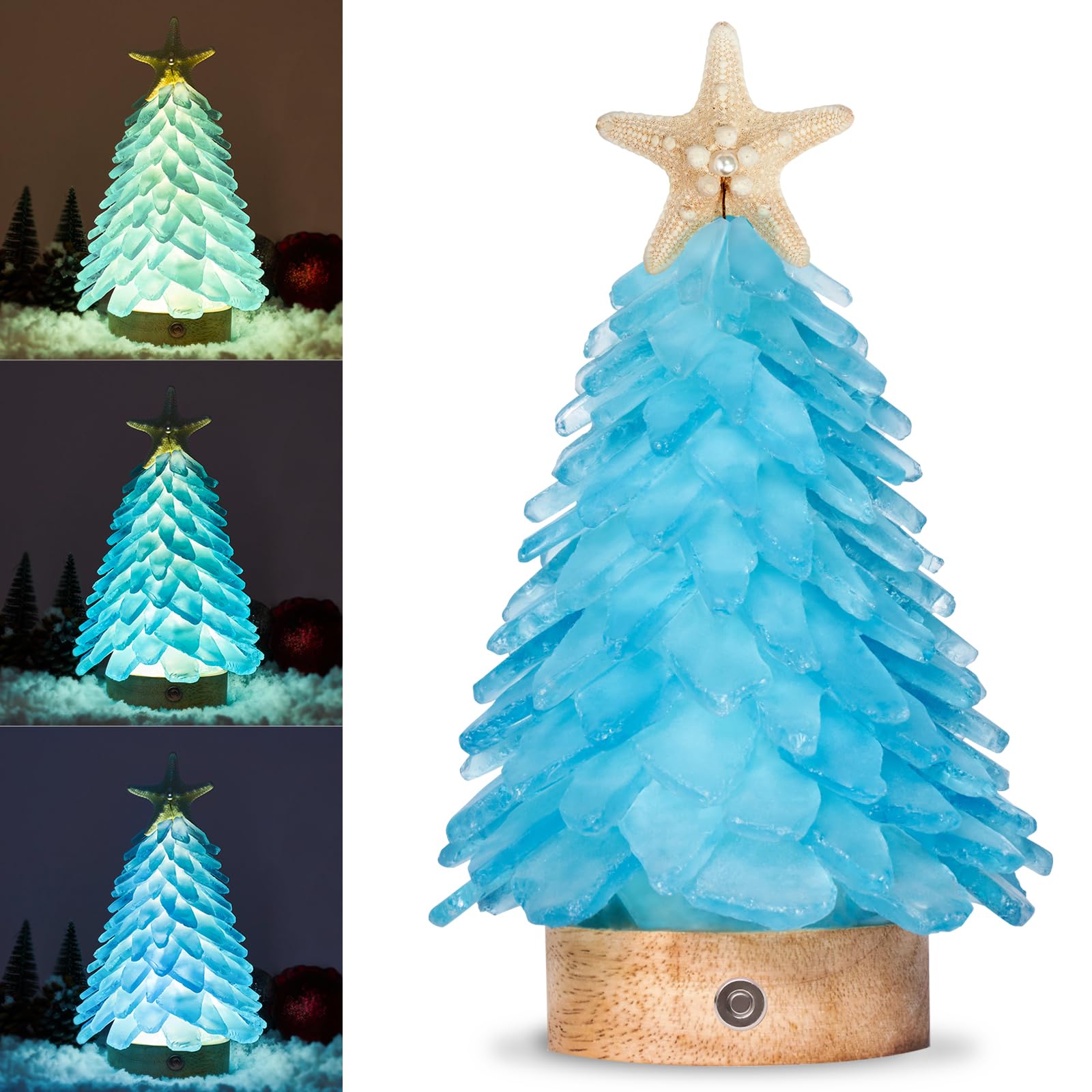 Sapin de Noël en verre bleu – Mini sapin de Noël fabriqué à la main avec lumières LED 3 couleurs, centre de table – Idéal pour Noël, Nouvel An, décoration d'intérieur, décoration de vacances côtières