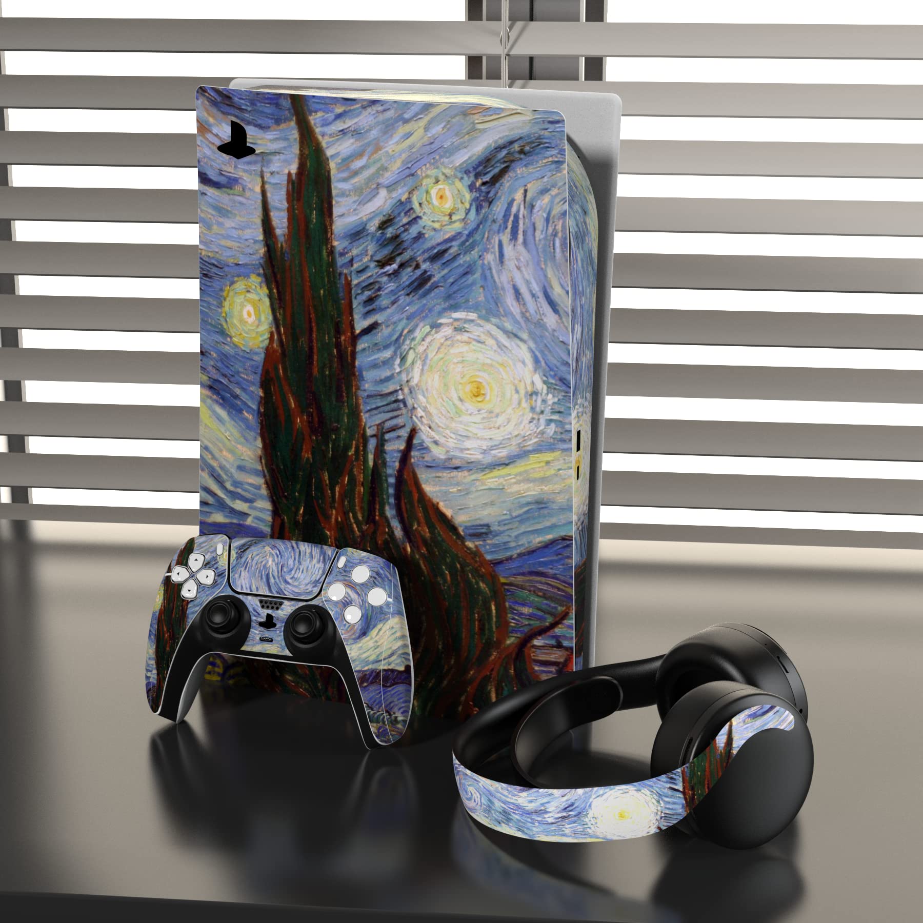 PlayVital Calcomanía Vinilo para ps5 Edición Disc - Pegatina Completa para Consola, Control, Estación de Recarga, Control Remoto y Audífonos, Skins Cubierta Protectora Adhesiva(Noche Estrellada)