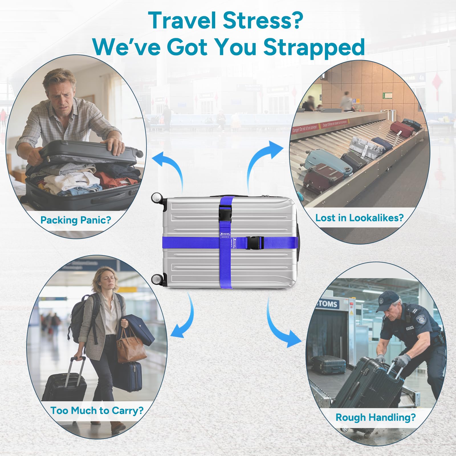 travel inspira paski do walizek, 2 sztuki, 104–195 cm, regulowane paski na walizki, efektowne paski na walizki do identyfikacji – paski na walizki do walizek podróżnych 20"–32" (niebieskie)