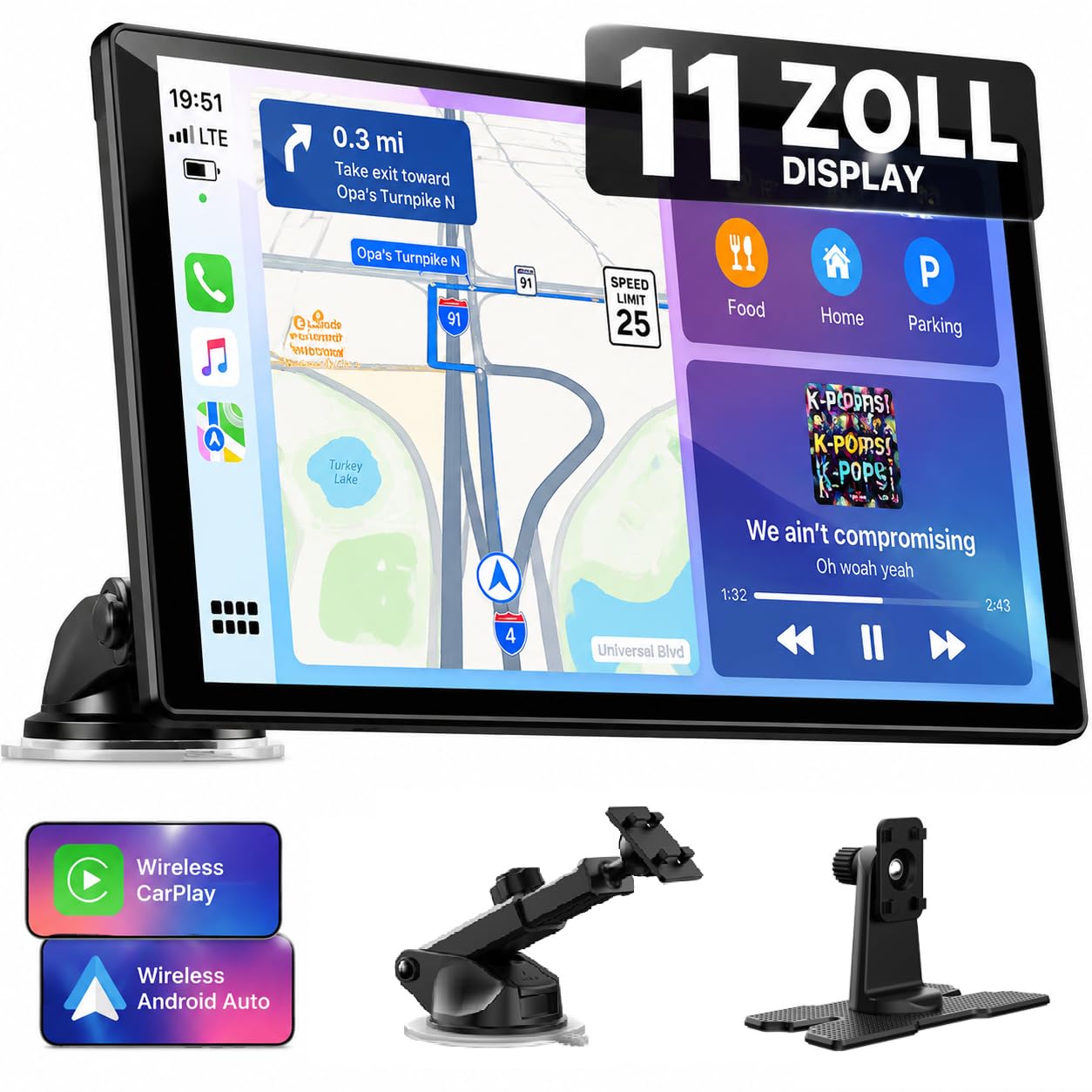 LAMTTO 2026 Upgrade 11 Zoll Wireless Carplay Display mit Apple CarPlay und Android Auto, Tragbares Car Play Touchscreen mit GPS Navigation, Bluetooth, AirPlay,AUX,Anschluss für alle Fahrzeuge