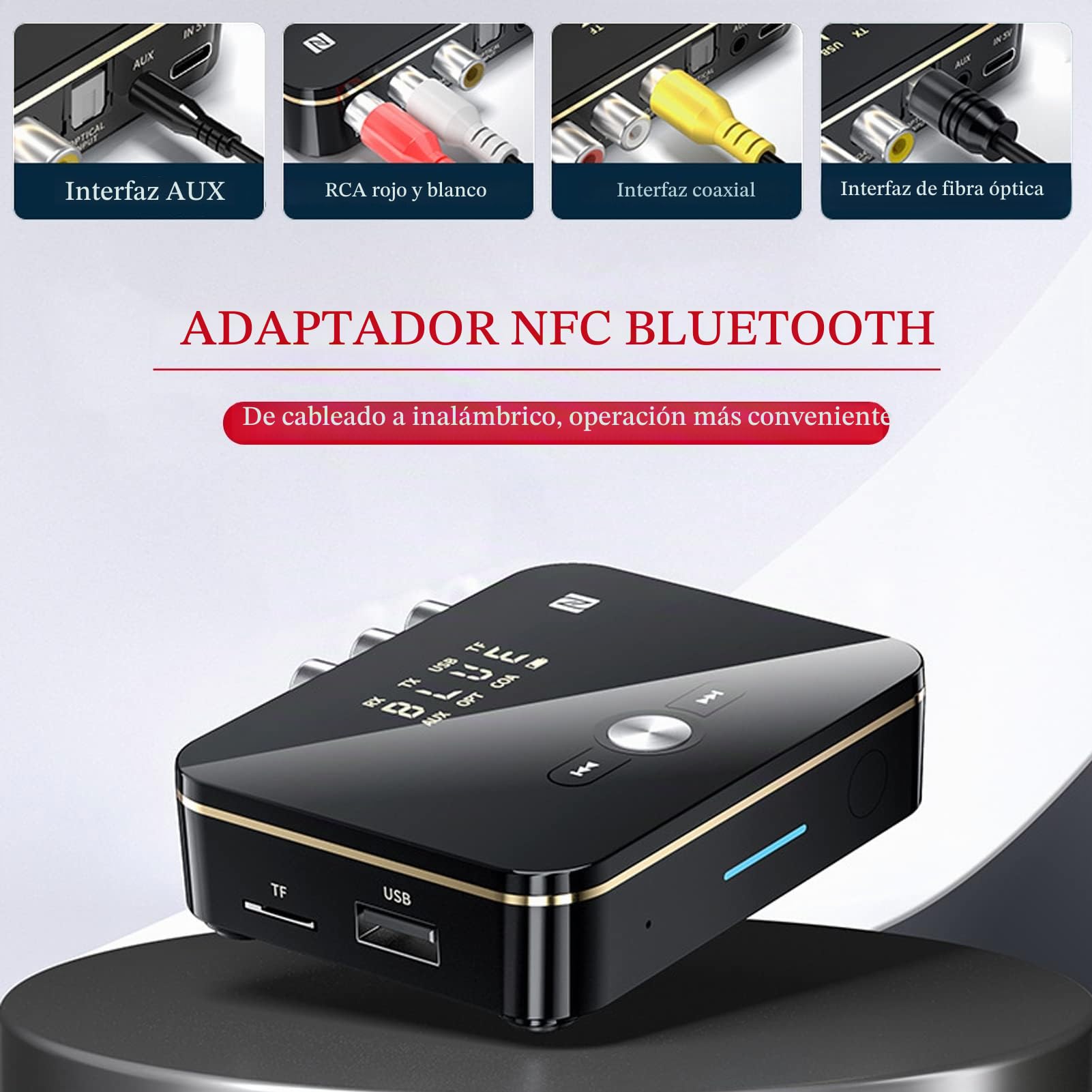 Transmisor Y Receptor Bluetooth 5.0, Adaptador de Audio NFC de Baja Latencia, Tarjeta AUX/RCA/óptica/coaxial/USB/TF de 3,5 Mm, para Altavoz, Amplificadores, Etc.