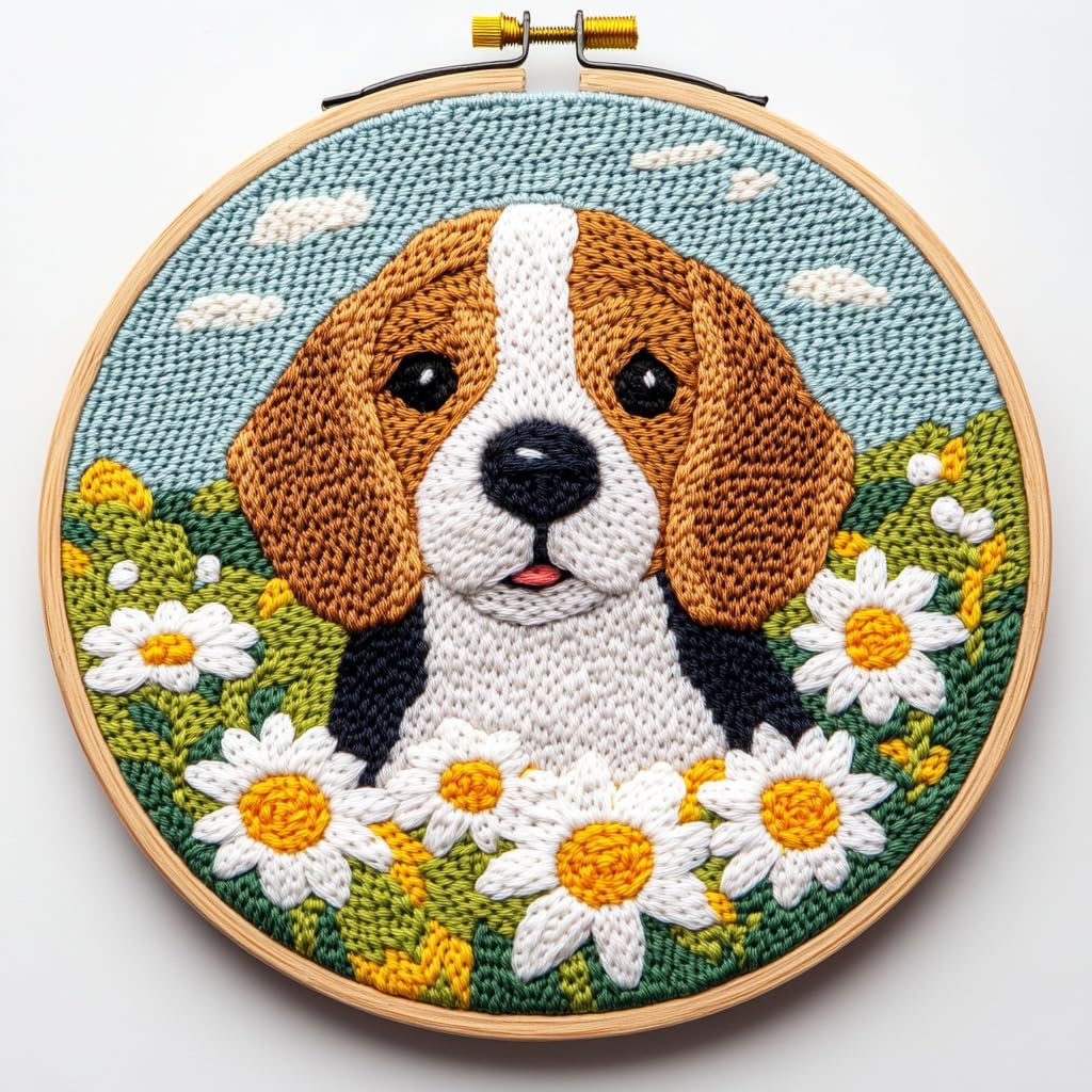 DIY Punch Needle Kits Cute Beagle Dog Flowers Easy for Beginners Punch Needle Embroidery Set with Hoop Stamped Pattern for Craft Lovers and Home Decor-3