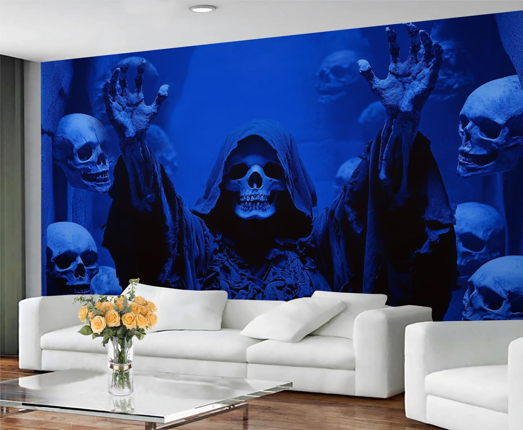GIVLWF Wallpaper - Gothic Home Decor & Mural, Gothic Skull Bedroom Wallpaper, Midnight Blue Wall Paper for Living Room, Large Wall Mural (Not Self-Adhesive)