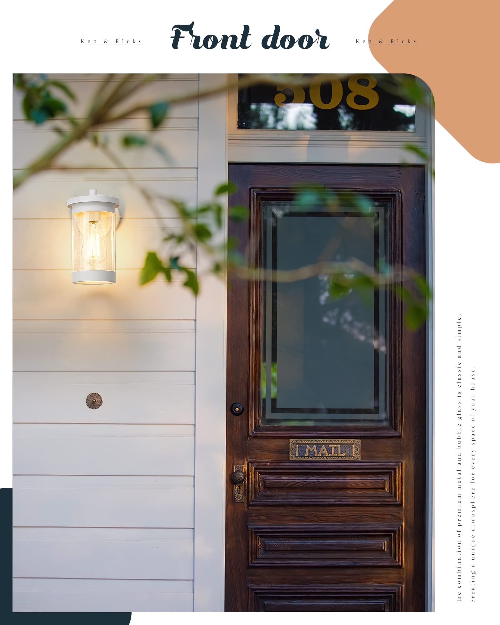 Ken & Ricky White Outdoor Wall Light, Modern Outdoor Light Fixture, Exterior Light Fixture with Seeded Glass for Porch Patio Garage Garden Front Door Entryway - 1 Pack