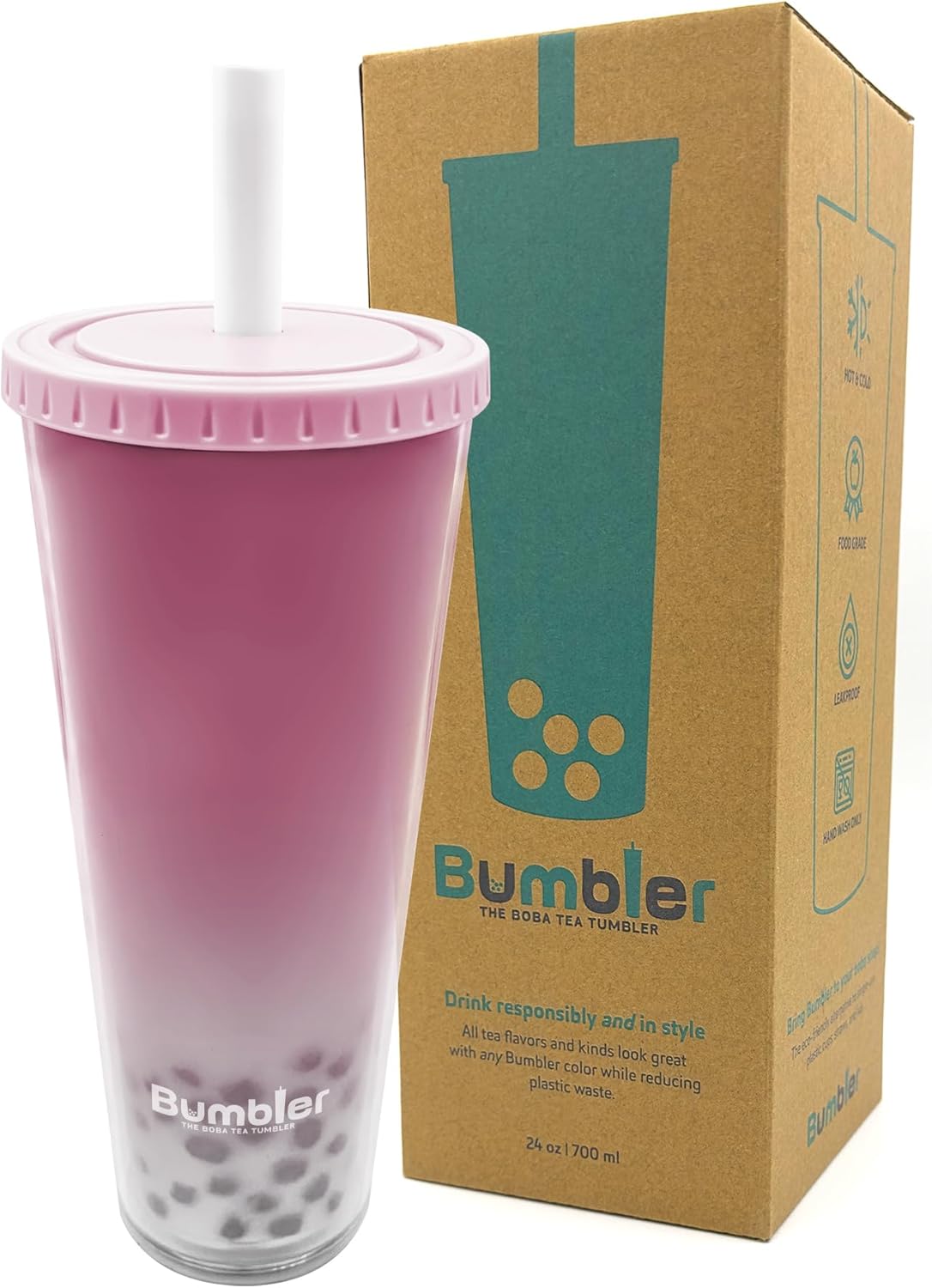 Bumbler 24oz Large Reusable Portable Eco-Friendly Tumbler | Drinking Cup with Wide Soft Tip Straw, Aesthetic Leak-Proof Lid – for Boba Tea, Smoothies, Iced Coffee, Hot or Cold Drinks – Blush Pink