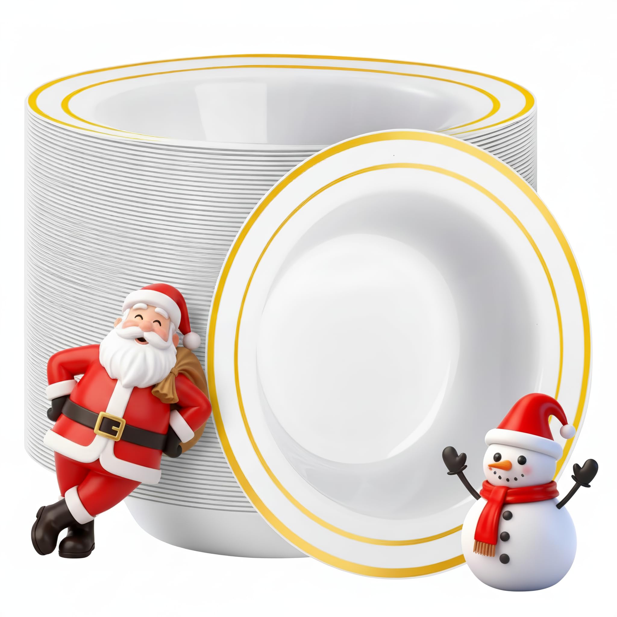 Goodluck 100 Pack Plastic Bowls with Gold Rim, 12oz Disposable Soup Bowls, Heavy Duty Dessert Bowls for Weddings, Parties, Dinners, Catering, Thanksgiving and Everyday Use