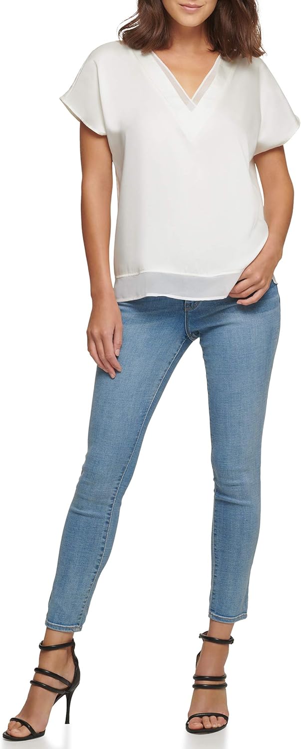 DKNY Womens Short Sleeve V-Neck Woven Top - Image 4