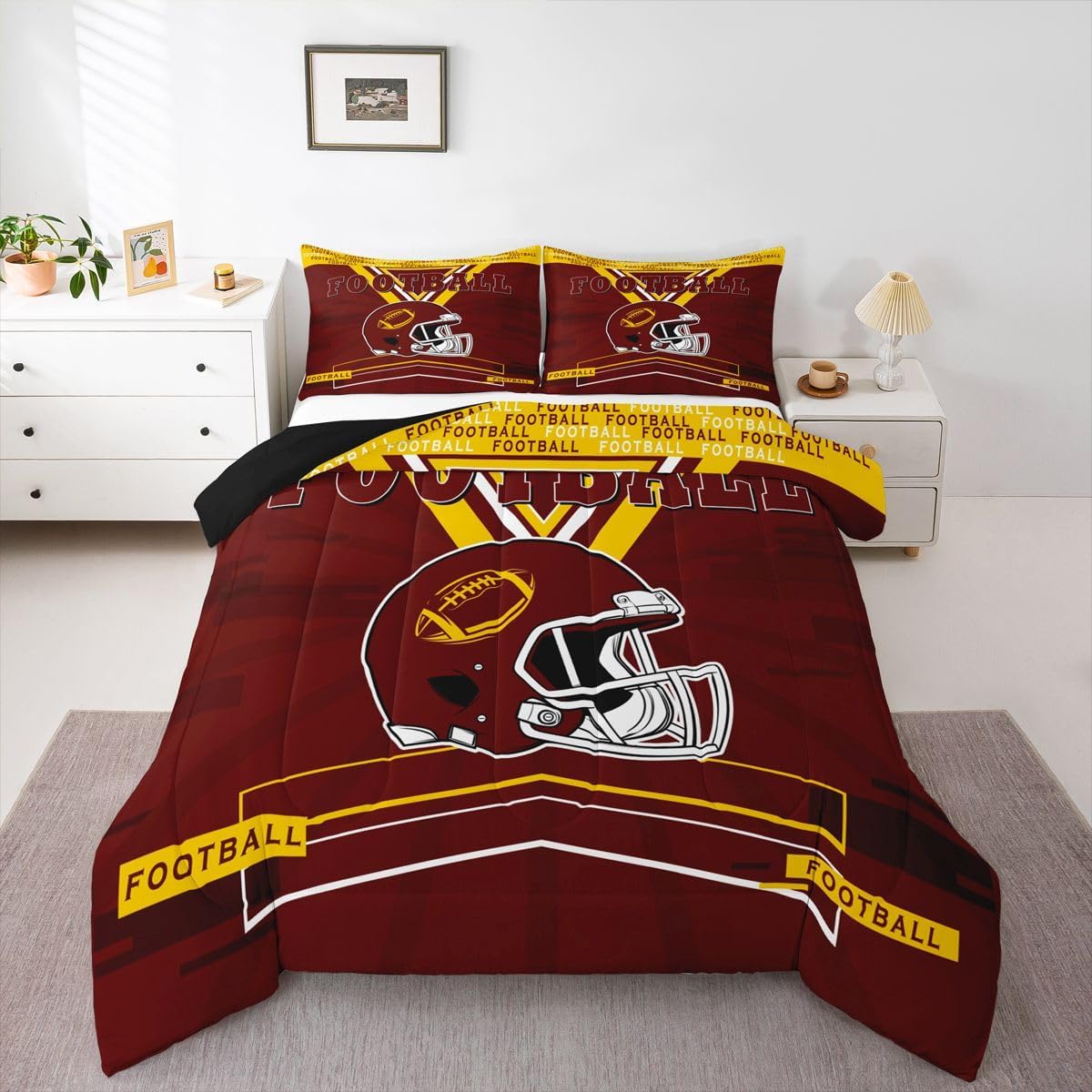 Erosebridal Football Queen Comforter Set for Kids Boys Teens, Rugby Bedding Set for Football Fan, Sports Reversible Bed Set with 2 Pillowcases Warm