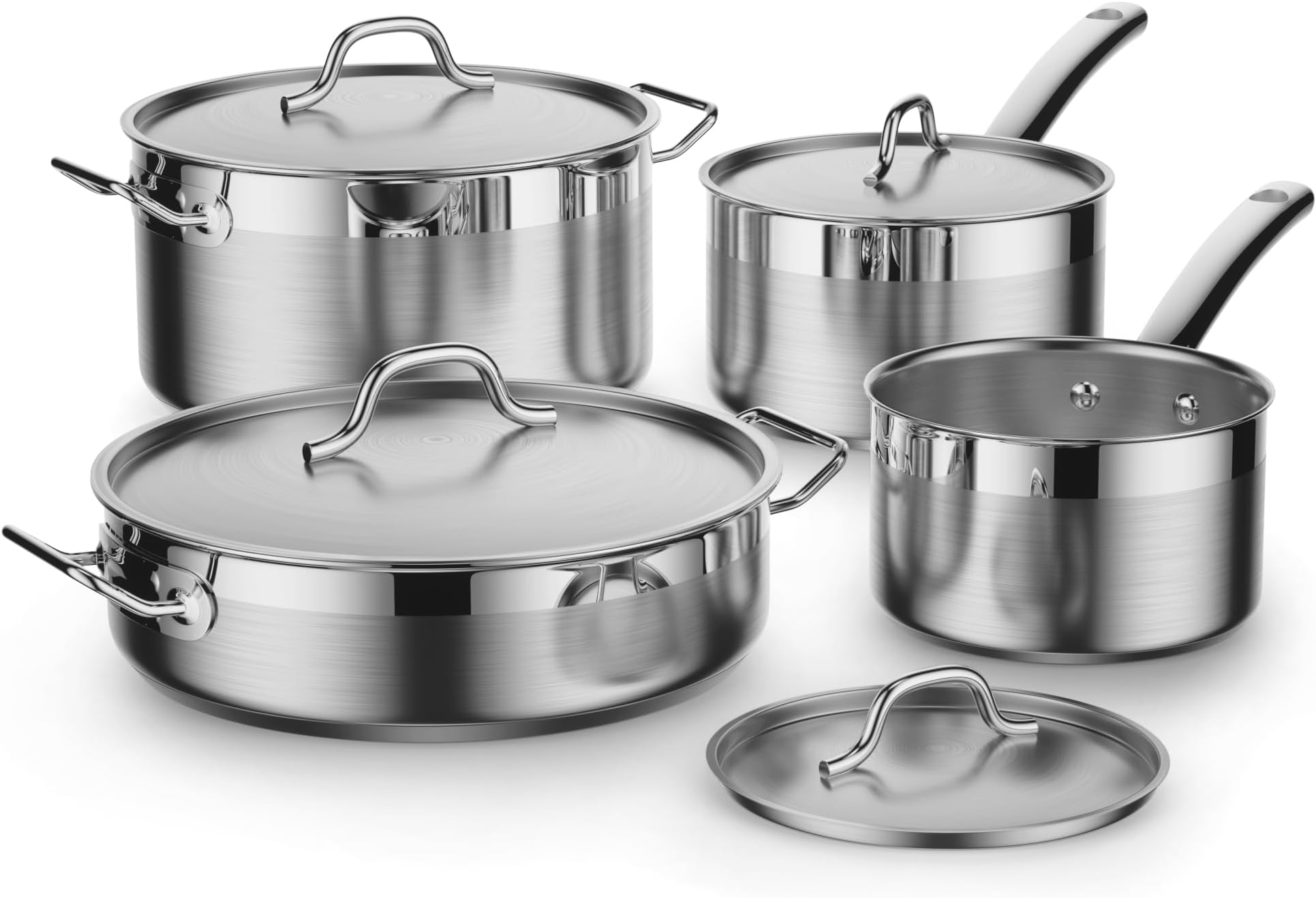 Kitchen Cookware Sets Stainless Steel, Professional Pots and Pans Include Saucepan, Sauté Pan, Stockpot with Lids, 8-Piece, Silver