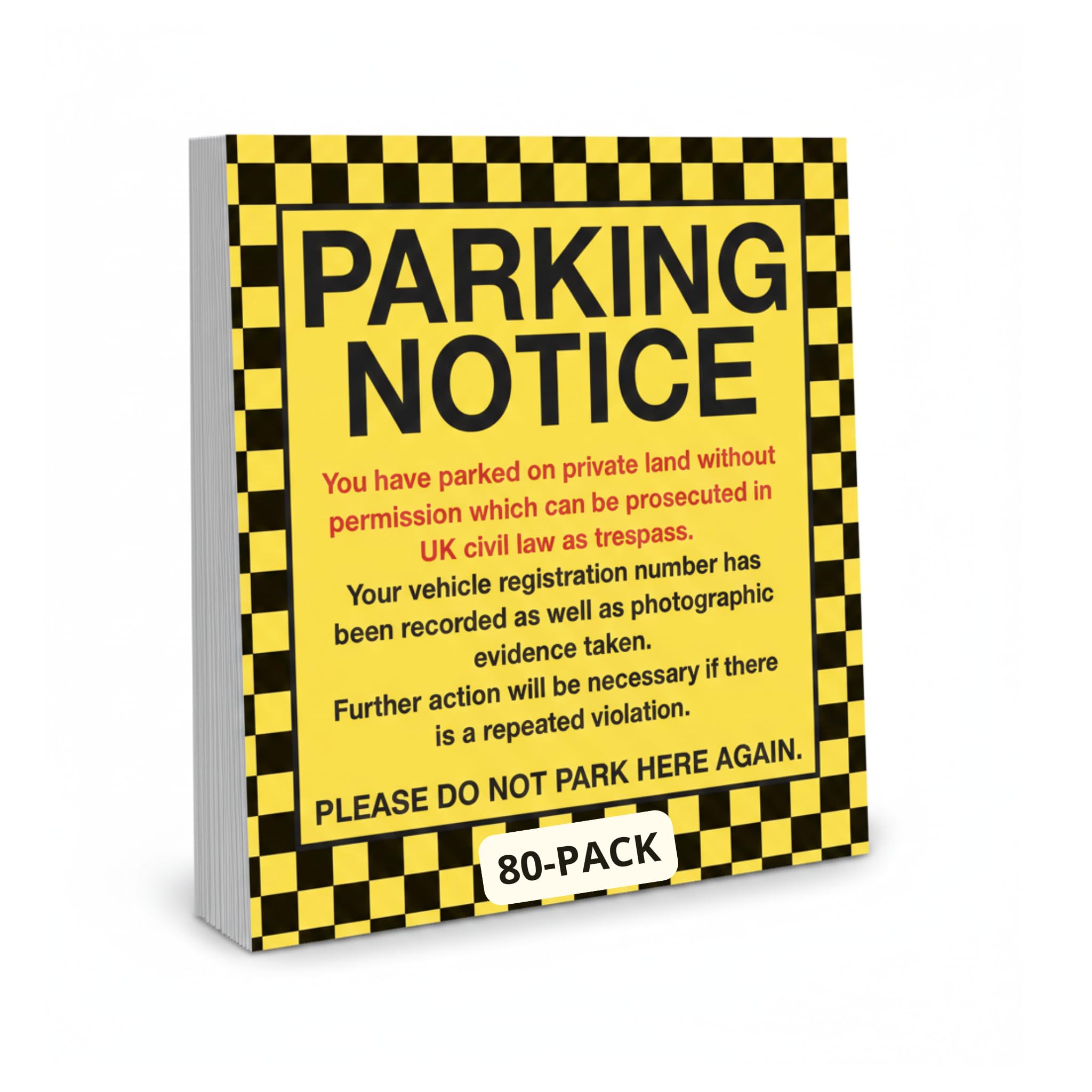Parking Notice Stickers, 10x10cm for UK Private Land, High Visibility Yellow and Black Warning Tickets with Self Adhesive for Cars, Vans, Driveways and Parking Control, 80-Pack