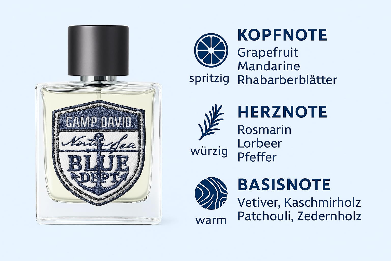 CAMP DAVID Blue Dept. Eau de Toilette Herren Parfum 100 ml, Maritimer Sommerduft mit Grapefruit, Mandarine, Rosmarin und Vetiver, Frischer Herrenduft für Büro und Alltag