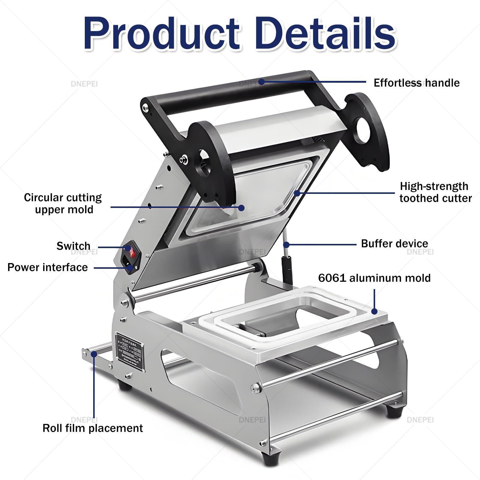 Sellador comercial de bandejas de prensa manual, sellador de contenedores de acero inoxidable para cajas de comida y comida para llevar, 7-8 sellos/minuto
