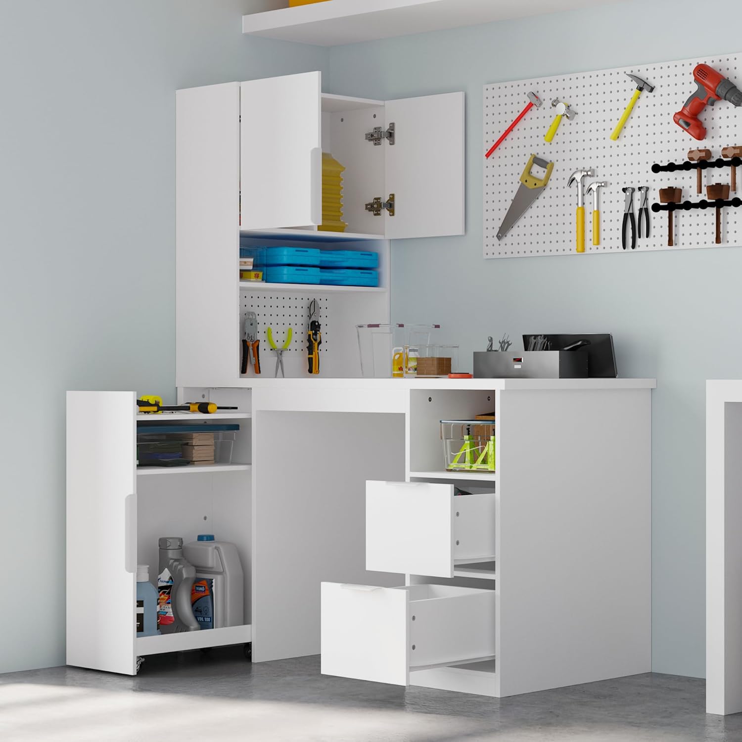 WOODTIME Sewing Craft Table with Rolling Cabinet & Pegboard, Large Storage Capacity Corner Sewing Cabinet Workstation with Drawers & Shelves for Home & Studio, White