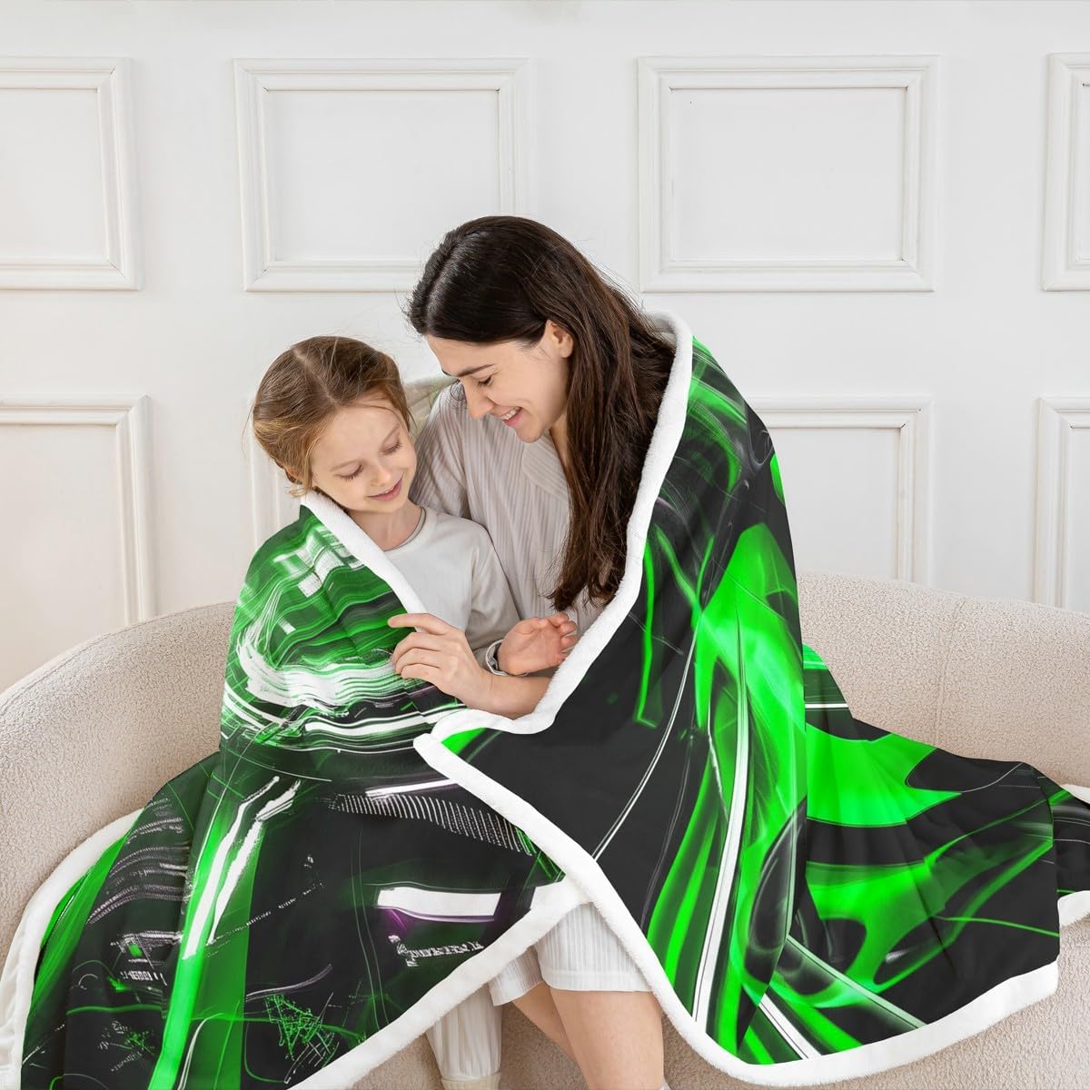 Sports Car Kids Fleece Blanket,Green Race Car Neon Light Modern Throw Blanket for Adult,Racing Theme Geometric Stripes Lightweight Polyester Sofa Sherpa Blanket, Queen (90 x 90 Inch)