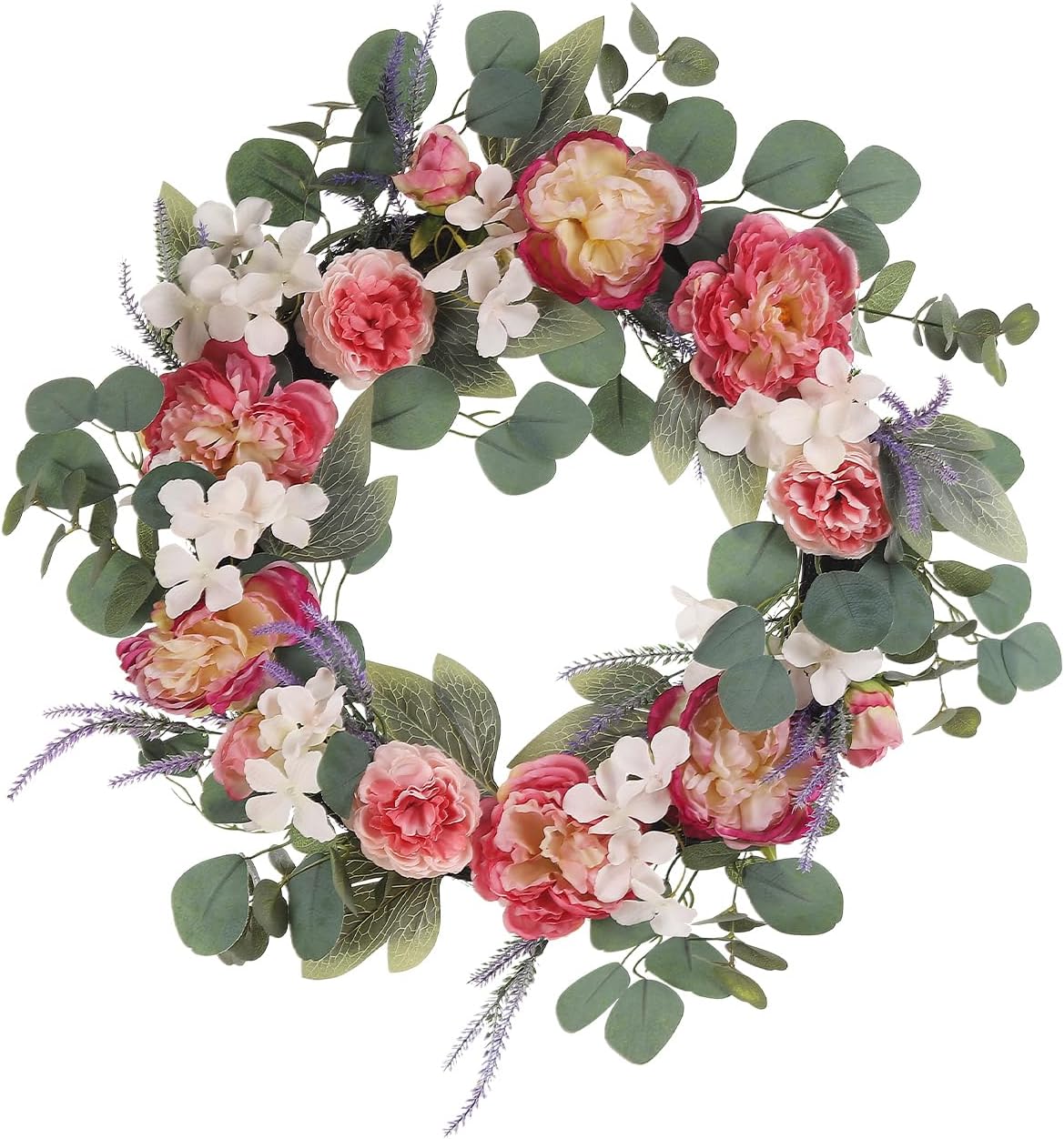 Pink Peony Wreath, Spring Wreaths for Front Door, Wall, Window - 25 inch Artificial Floral Wreath with Hydrangea, Eucalyptus, Summer Wreath for Indoor Outdoor Home, Wedding, Mother’s Day Decor