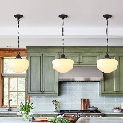 Schoolhouse - Lámpara colgante de 12 pulgadas, acabado negro con vidrio de leche ajustable de mediados de siglo, iluminación colgante para cocina,