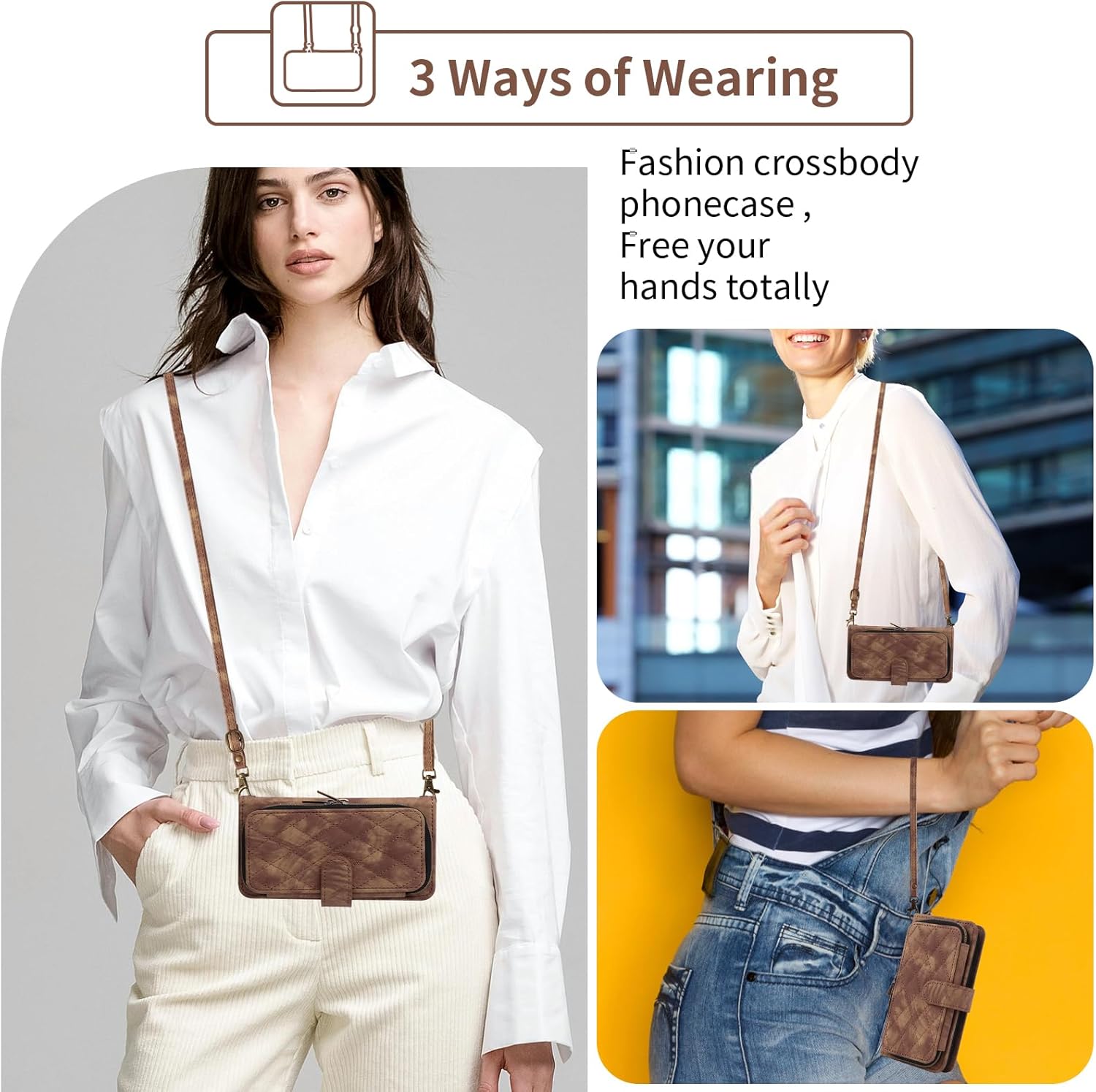 Phone Case for Motorola Edge 5G 2024 Wallet Cell Cover with Tempered Glass Screen Protector Crossbody Lanyard Strap Flip Stand Zipper Purse Credit Card Holder Slot Mobile Moto Edge2024 Women Men Brown