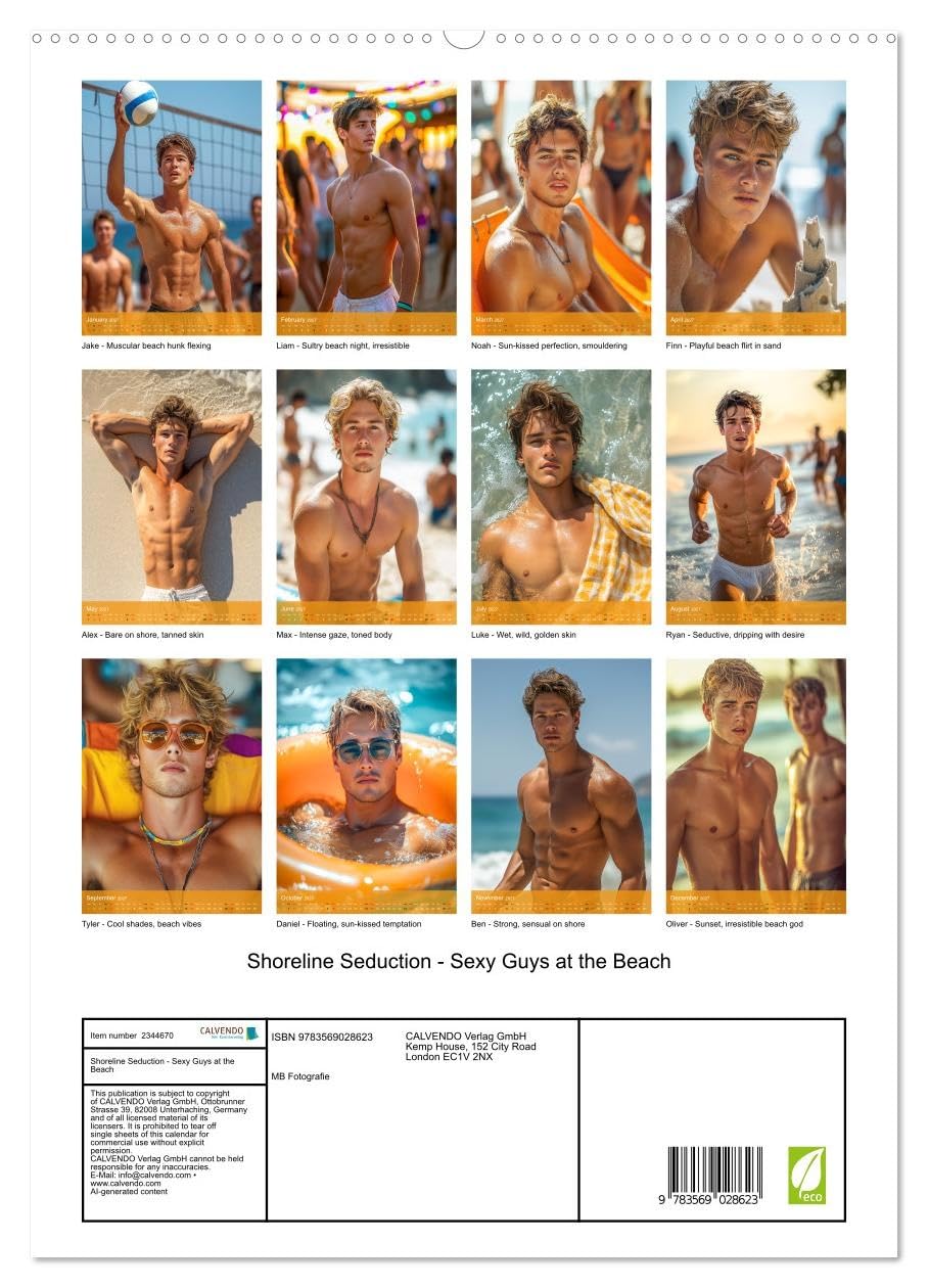 Shoreline Seduction - Sexy Guys at the Beach (High Quality Premium Wall Calendar 2027 DIN A2 portrait),CALVENDO 12 Month Wall Calendar: Twelve months ... Pure temptation and eroticism all year round