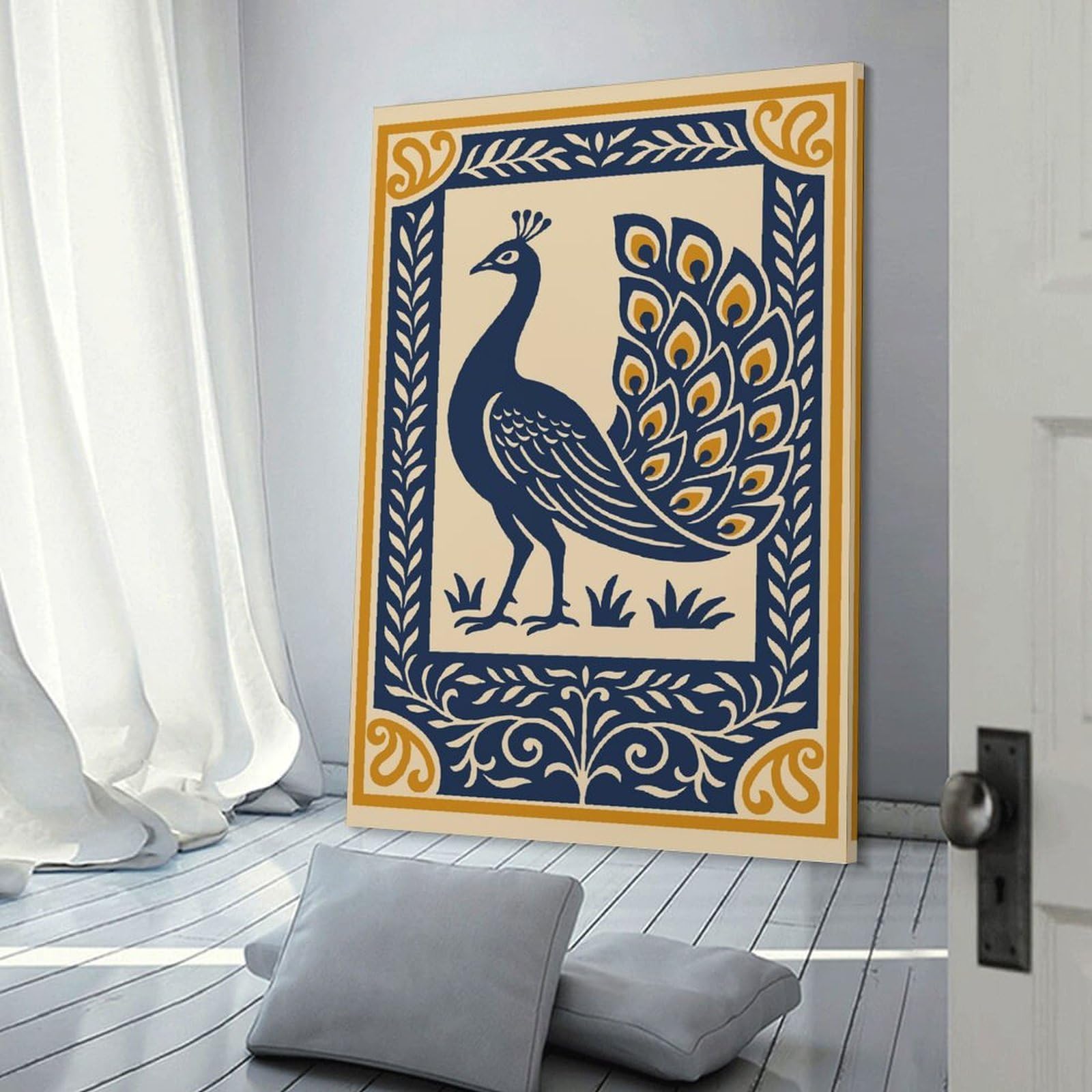 Junmoney Room Decor Wall Art Elegant Peacock Illustration with Decorative Border, 24x36inch(60x90cm), for Wall Displays, Bedrooms Or Room Updates, A Versatile Canvas Print for Layering
