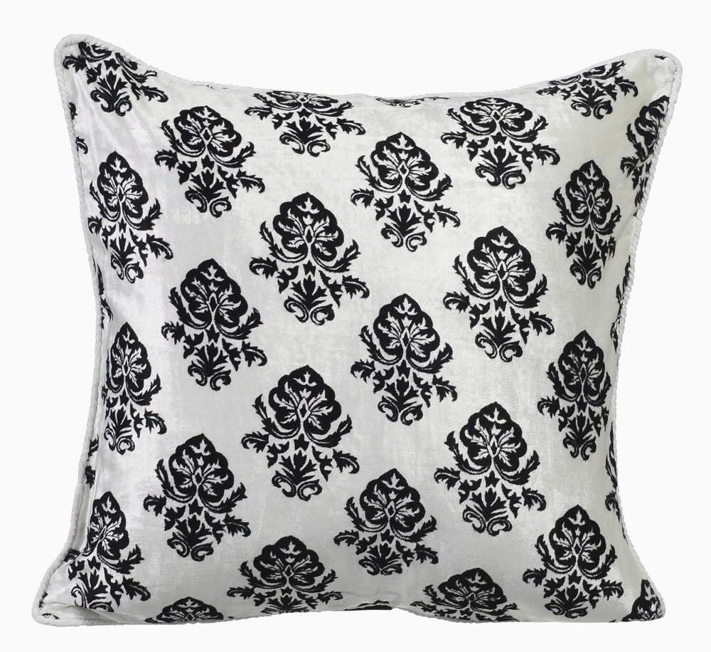 The HomeCentric White Cushion Cover, Damask Floral Printed Velvet Decorative Cushion Cover, 35x35 cm (14x14 inch) Cushion Cover, Velvet Cushion Cover Floral Modern, Traditional - Classic Black Damask โ image 1