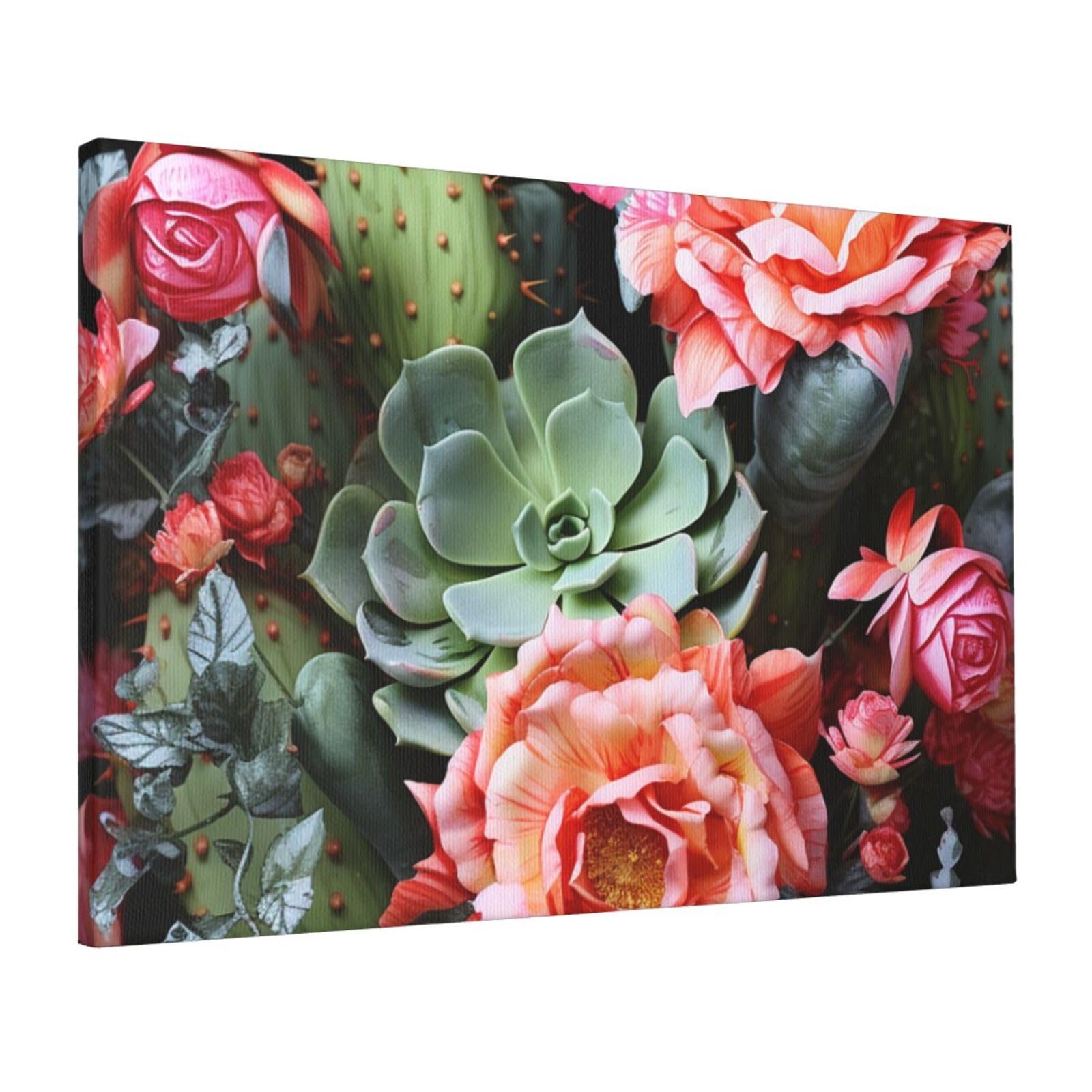 FodPand Canvas Wall Art for Living Room Wall Decor 16"x24" Modern Artwork Painting Pictures Hanging Canvas Prints Roses Flowers and Cactus Aesthetic Wall Art for Bedroom Bathroom Office Wallart Decor
