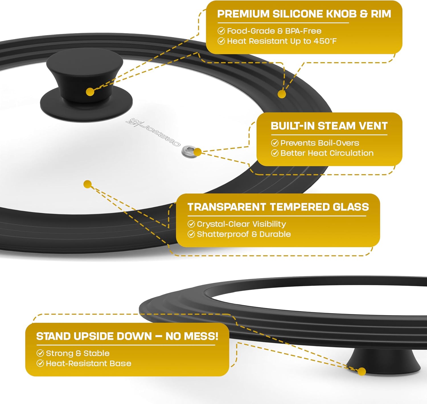 Universal Lid for Pots, Pans & Skillets, 7.5-11.5" Cookware | Lid for Pots, Pans & Skillets Cookware Cast Iron, Non-Stick & Oven Safe, Tempered Glass Auto-Sizing Silicone Rim, Steam Vent