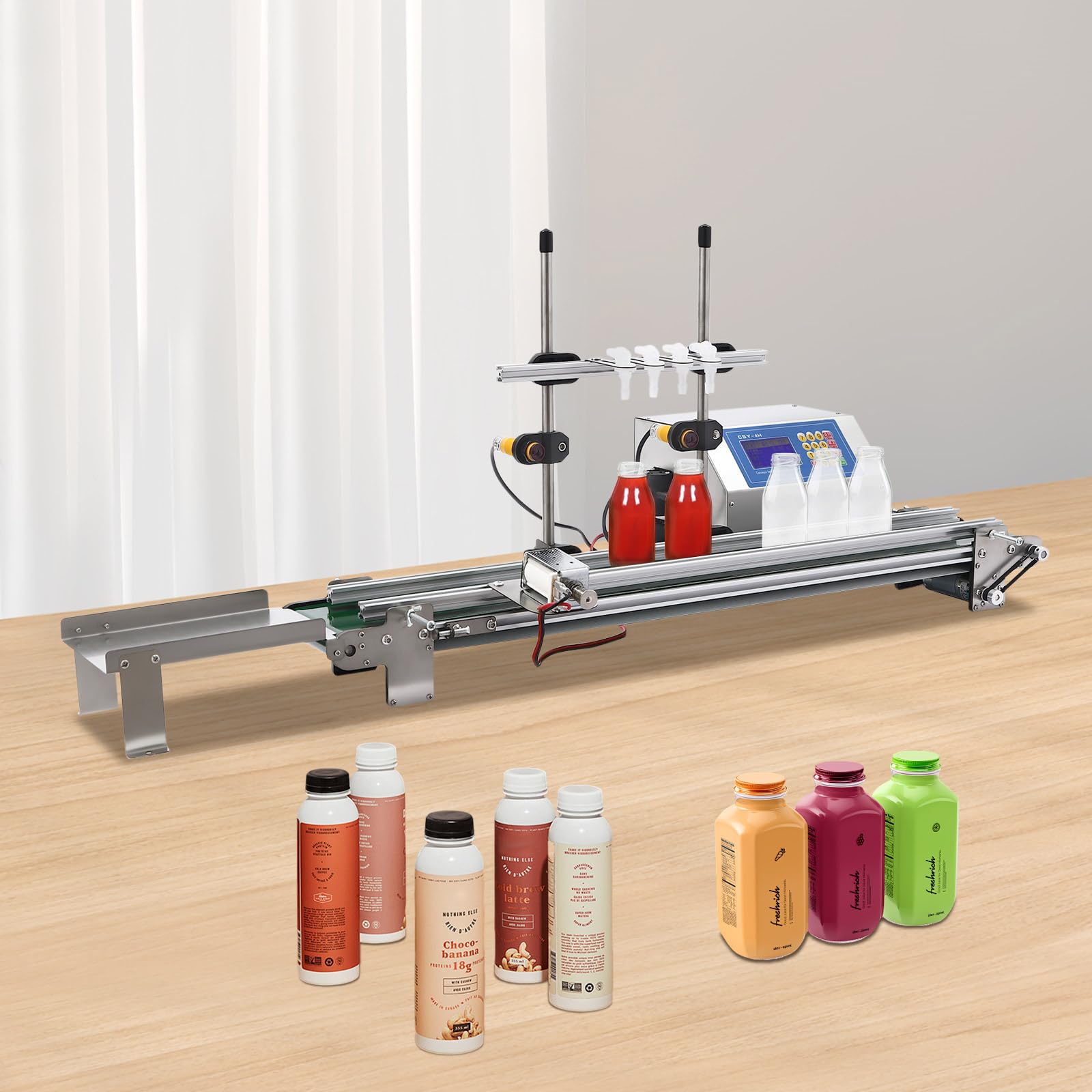 Abfüllmaschine für Flüssigkeiten mit Förderband und 1-4 einstellbaren Fülldüsen für 10-500ml Füllbereich Diaphragmenpumpe 150W geeignet
