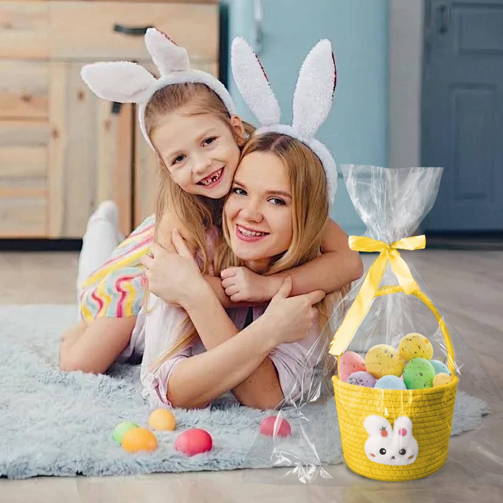 Oster-Geschenkkorb leer mit Geschenktüten und Bändern, Osterhasenkorb, Baby-Geschenkkorb, kleine gewebte Seilkörbe zum Organisieren, Korb zum Verschenken, Aufbewahrungskorb, Behälter, Gelb