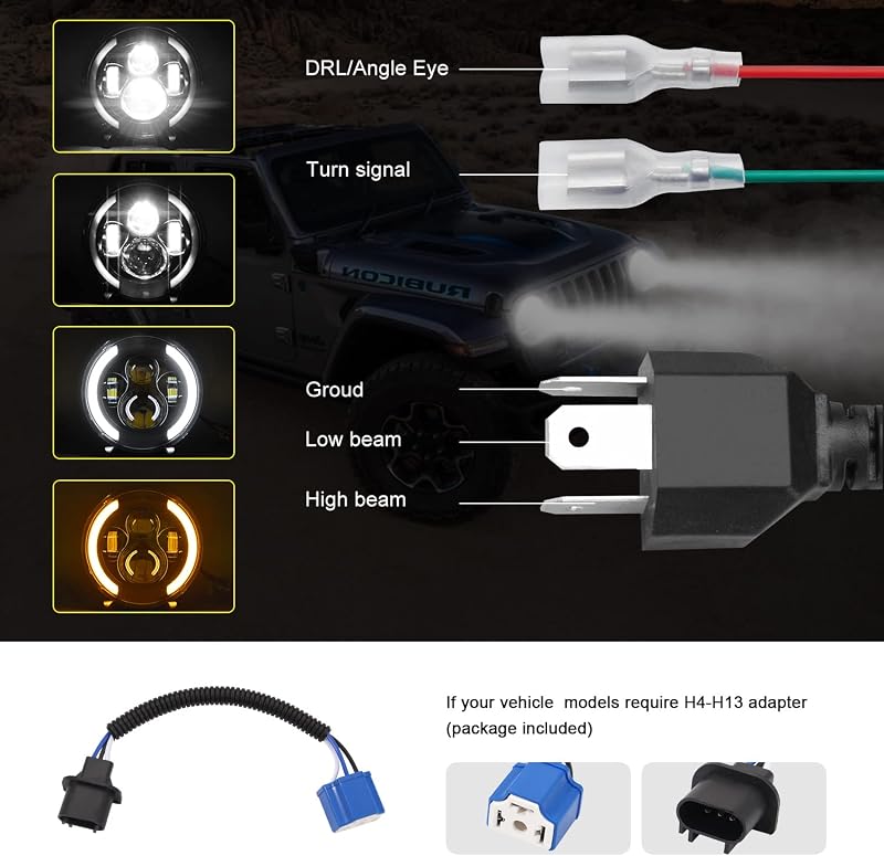 Kairiyard 7 Inch LED Fényszóró 100W 10000LM Angel Eyes 4 Módú Offroad Lámpa Wrangler Hummer