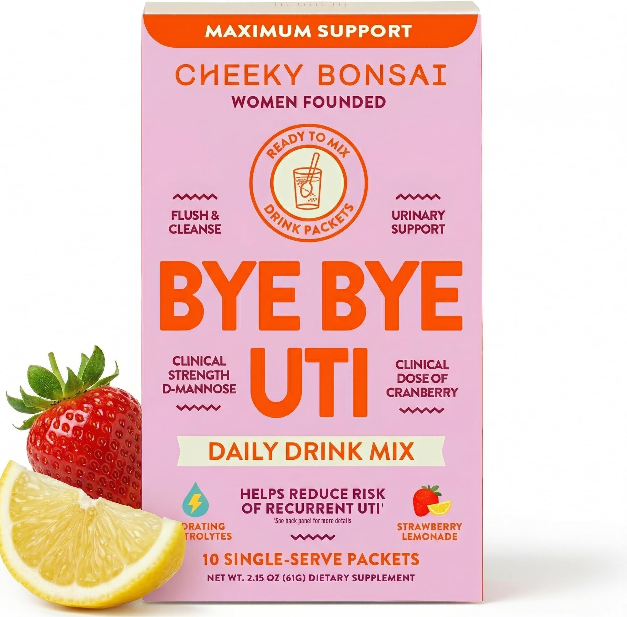 Cheeky Bonsai, Urinary Health Hydration Packets, Flush & Protect the Urinary Tract with D-Mannose, Cranberry & Electrolytes, Strawberry Lemonade Flavor (10 Packets) No Added Sugar, Gluten-Free
