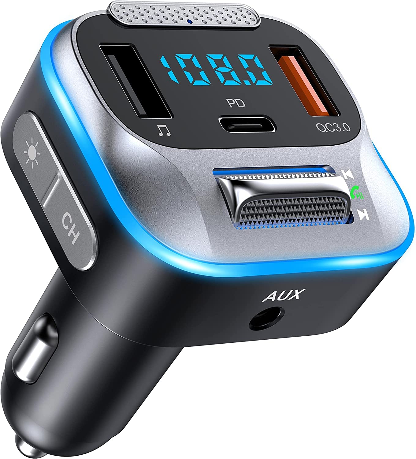 Bluetooth 5.0 FM Transmitter for Car, Radio Receiver/Audio Adapter with CVC Noise-Cancellation Microphones, QC3.0 & PD18W Fast Charge, Support U Disk/Aux