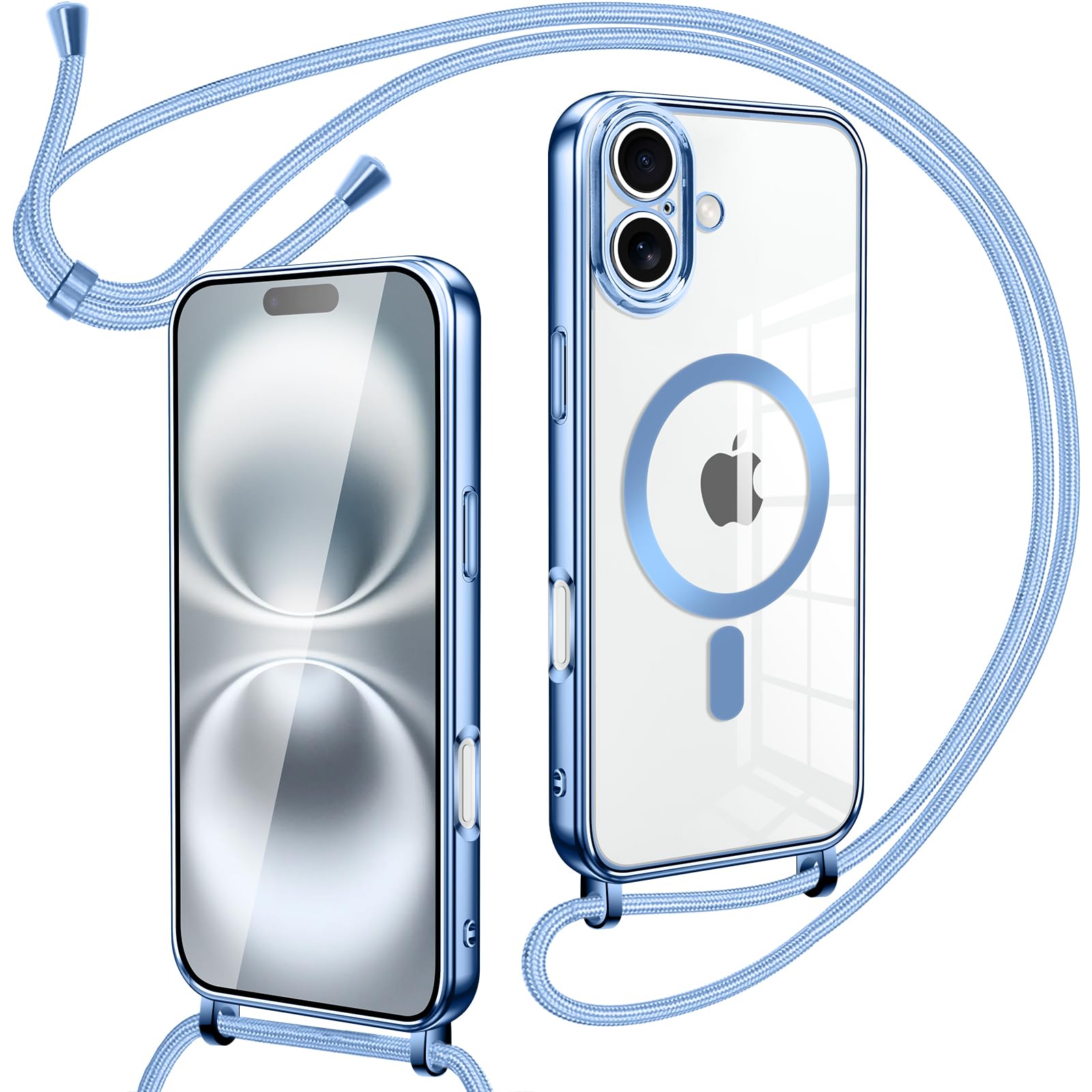 Oelrstfe Cover Magnetica Trasparente con Cordino per iPhone 16 con Magnetico,Custodia Sottile Morbido Silicone con Laccio Collana Tracolla Regolabile Antiurto Case con Collana per iPhone 16-Blu