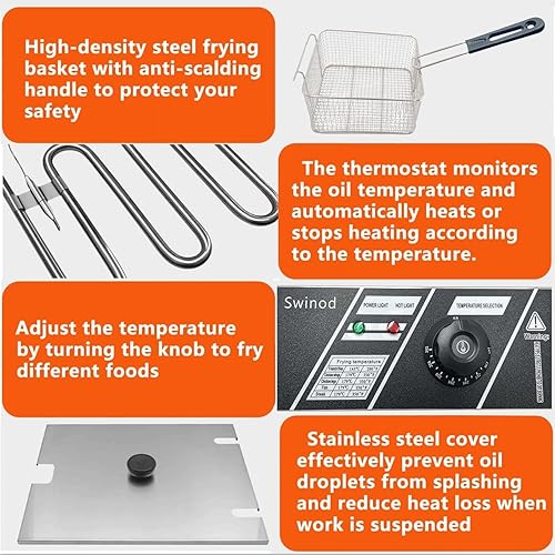 Miniatura 8 de Freidora Comercial Profunda con Canasta para Restaurante o Uso Doméstico, 3400W 12.7QT Capacidad Grande Desmontable de Acero Inoxidable para