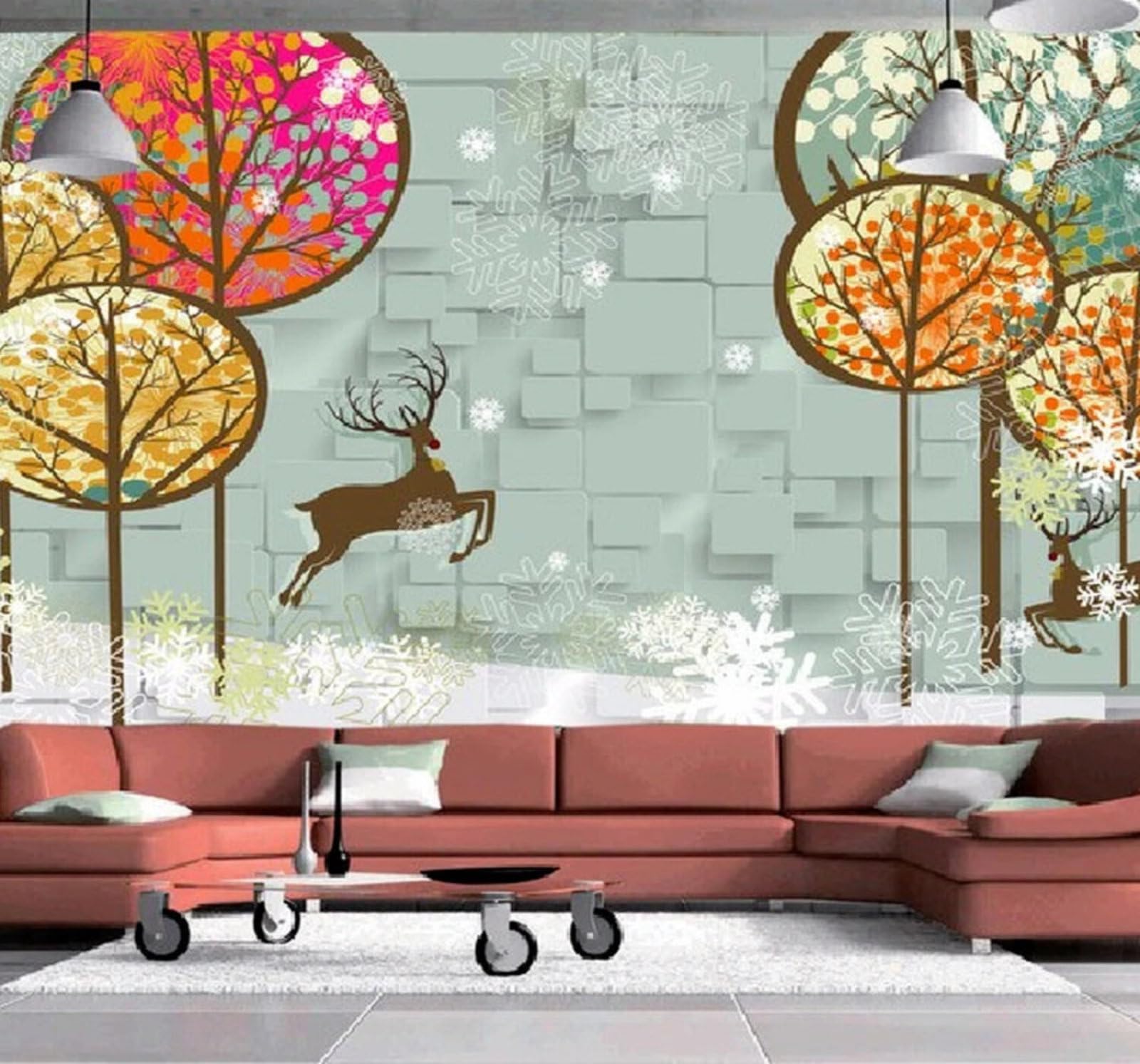 Wallpaper-3D-Xlm 350Cm×256Cm(B×H) Creative Colourful Trees Reindeer Snowflakes 3D Wallpaper Easy Install Feature Office Living Room Sofa Bedroom Tv Background Wall Decoration-350Cm×256Cm