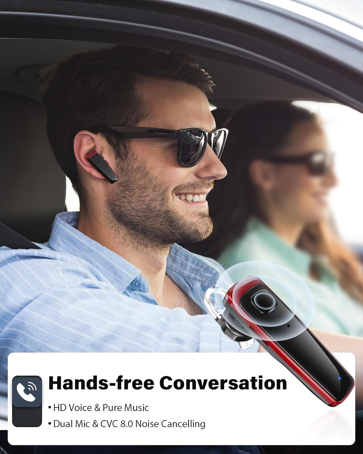 Bluetooth Headset,V5.3 Bluetooth Earpiece Wireless Handsfree Driving Headsets with Noise Canceling Mic,16Hrs Play Time Business Eabuds for iPhone Samsung Android Cell Phone Tablets Office(Red) - Image 2