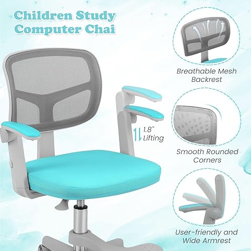 Miniatura 34 de Giantex Silla de escritorio para niños, silla giratoria de computadora para niños de altura ajustable con soporte lumbar en forma de Y y ruedas